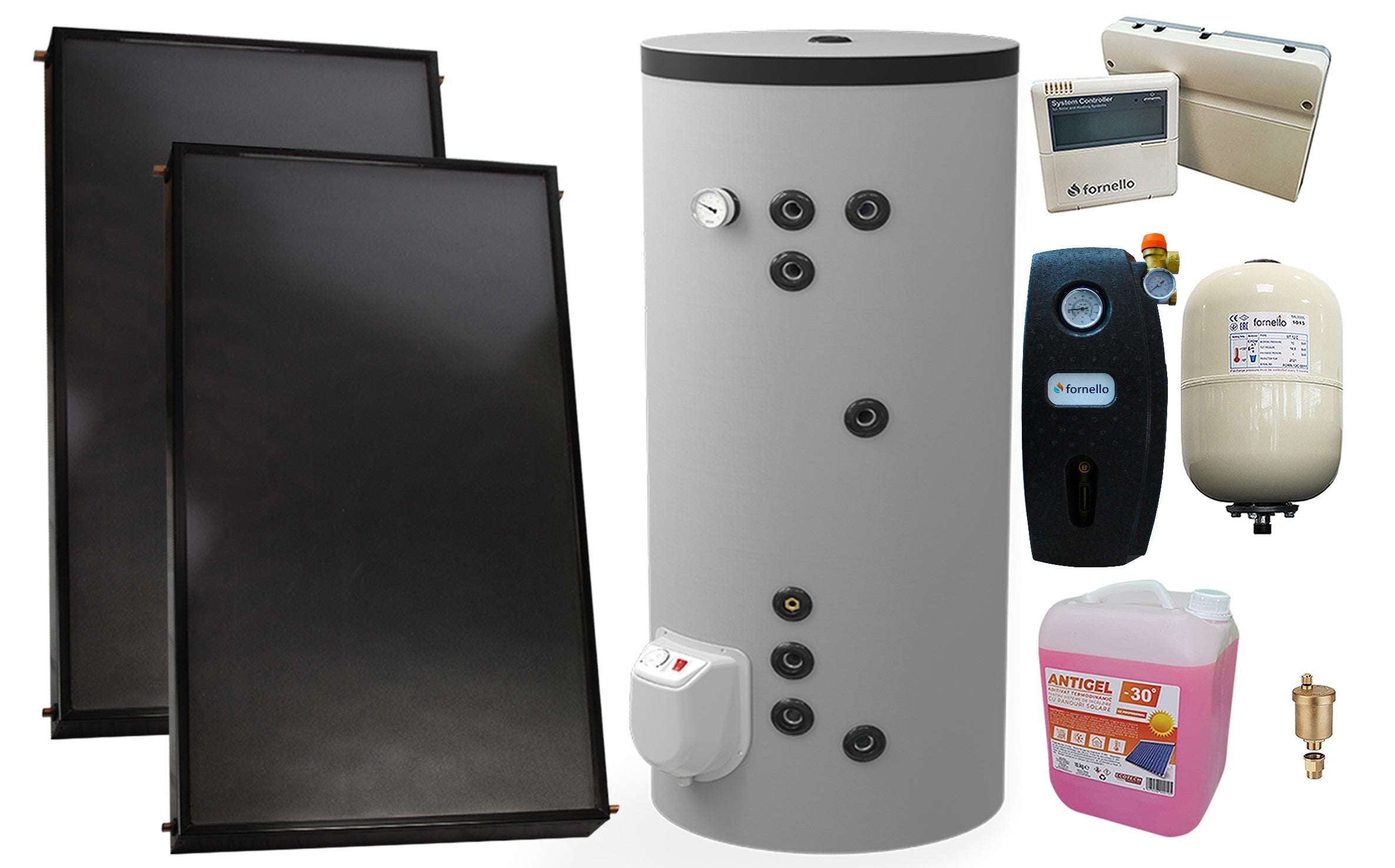 Pachet premium sistem solar presurizat, 2 x Panou solar plan Fornello 2.0 m² SPFP, Boiler cu 2 serpentine si rezistenta electrica Eldom FV20060S21 de 200 l, grup pompare, controller, vas expansiune, antigel, aerisitor 1/2