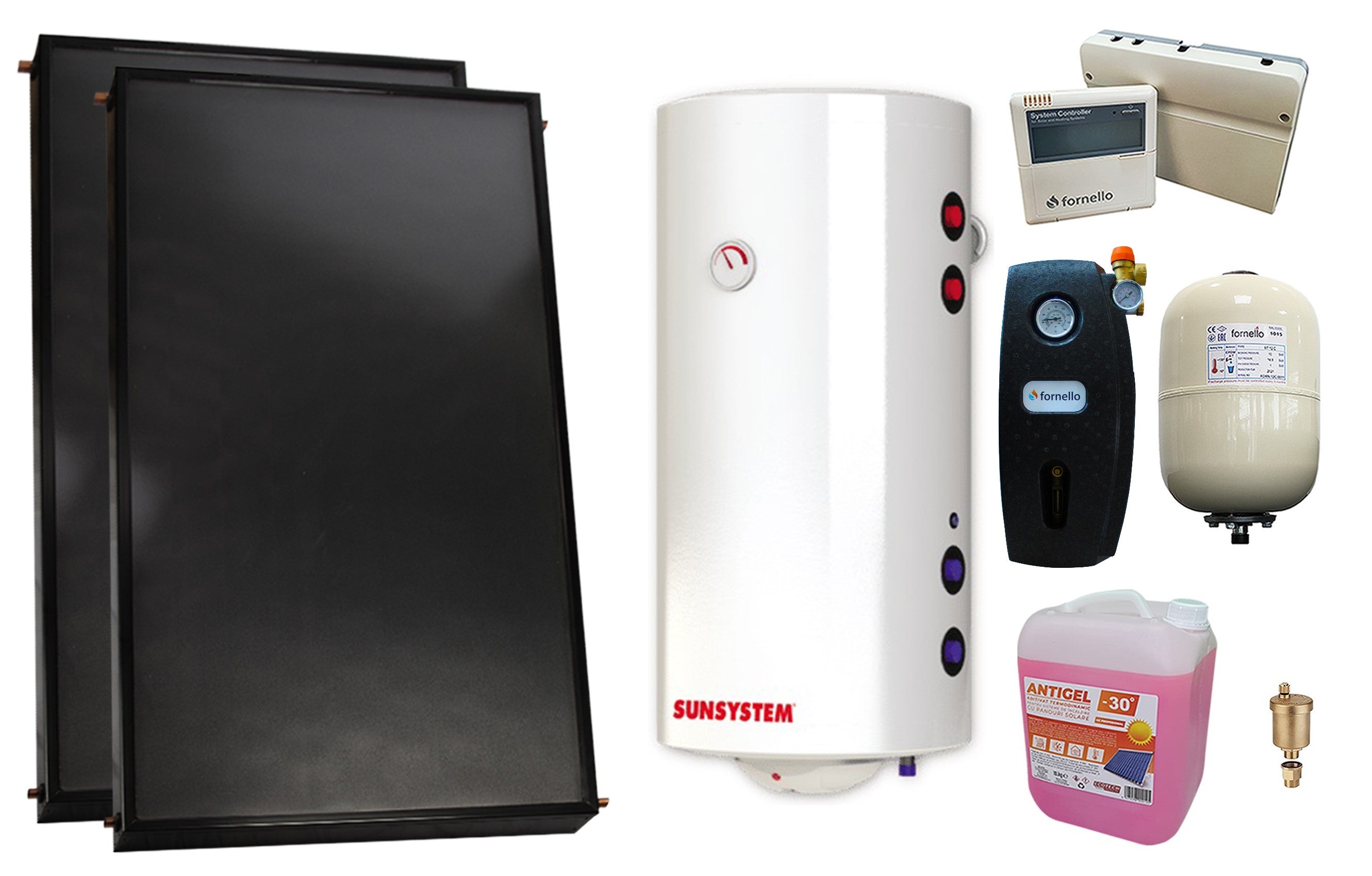 Pachet premium sistem solar presurizat, 2 x Panou solar plan Fornello 2.0 m² SPFP, Boiler cu 2 serpentine si rezistenta electrica Sunsystem BB NL2 200 PRL 3KW, grup pompare, controller, vas expansiune, antigel, aerisitor 1/2