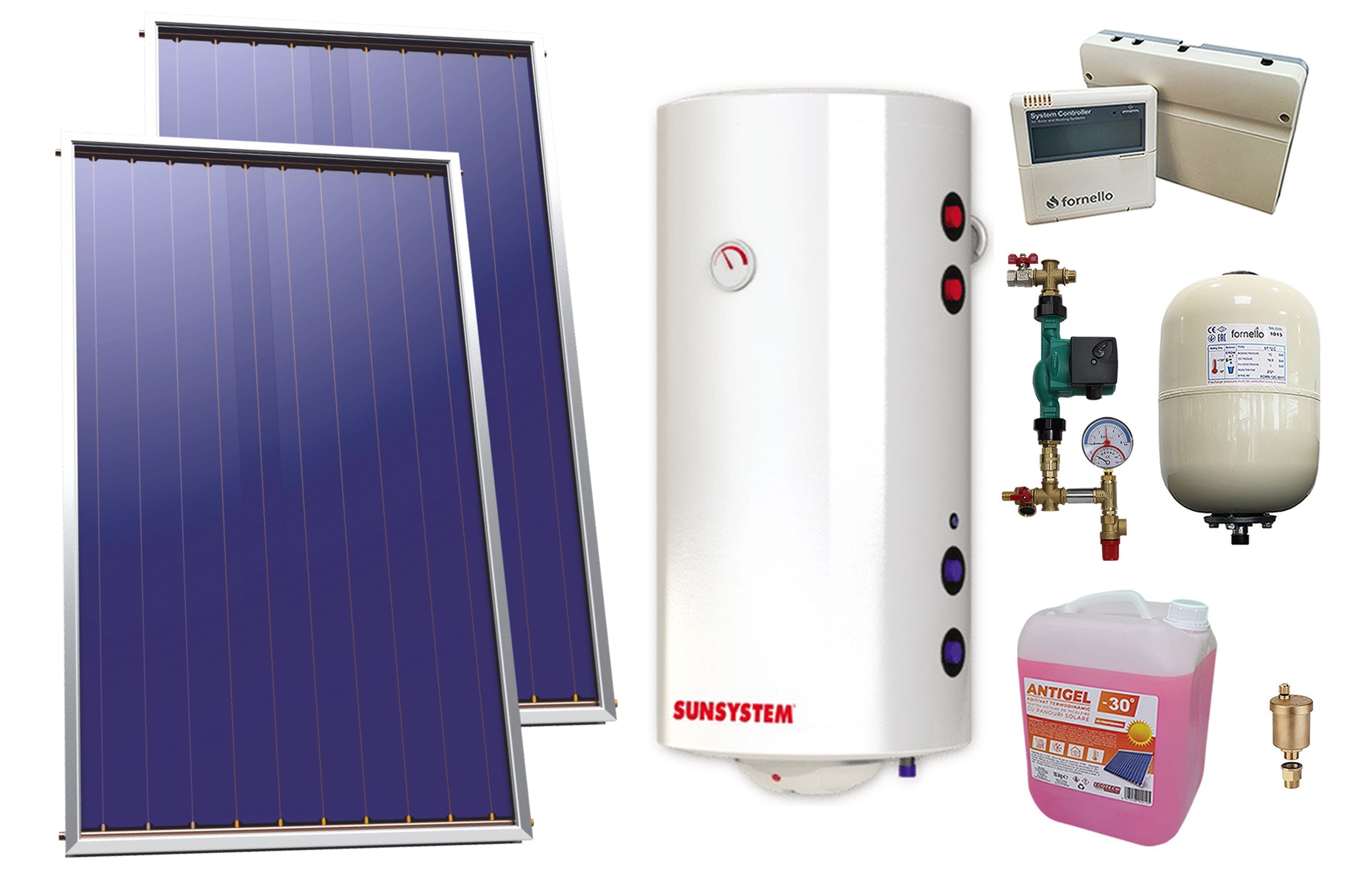 Pachet sistem solar presurizat, 2 x Panou Plan Select PK SL CL NL 2.15 m², Boiler Sunsystem BB NL2 200 PRL 3KW cu doua serpentine, grup pompare, controller, vas expansiune, antigel, aerisitor 1/2