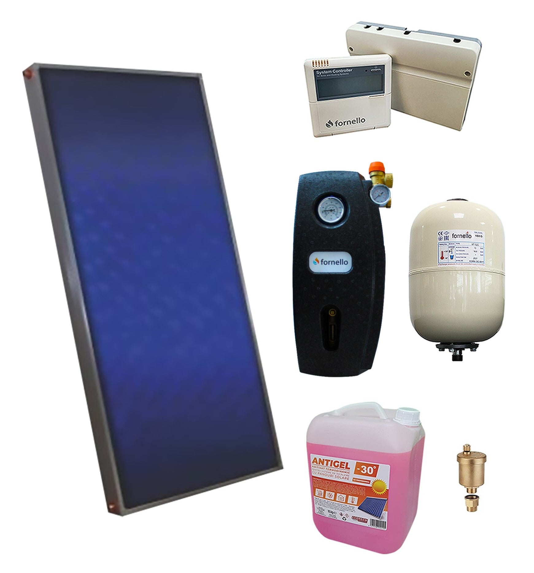 Pachet sistem solar presurizat, panou Sunsystem PК SL FP 2.0, controller, vas expansiune, grup pompare, aerisitor 1/2, antigel