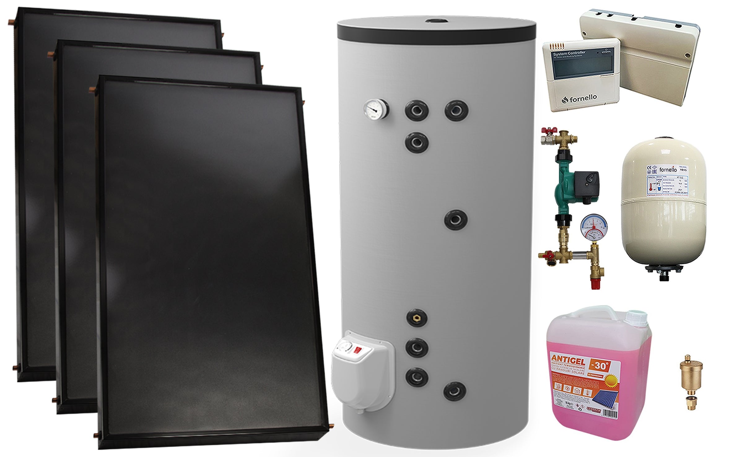 Pachet sistem solar presurizat, 3 x Panou solar plan Fornello 2.0 m² SPFP, Boiler cu 2 serpentine si rezistenta electrica Eldom FV30067S21, 9000 W, 300 l, grup pompare, controller, vas expansiune, antigel, aerisitor 1/2
