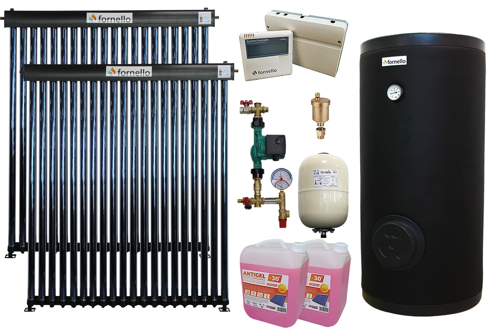 Pachet sistem solar presurizat Fornello 40 Tuburi Heat Pipe, Boiler cu 2 serpentine Fornello SOL 300 LT 2S, controller, vas expansiune, grup pompare, aerisitor 1/2, antigel
