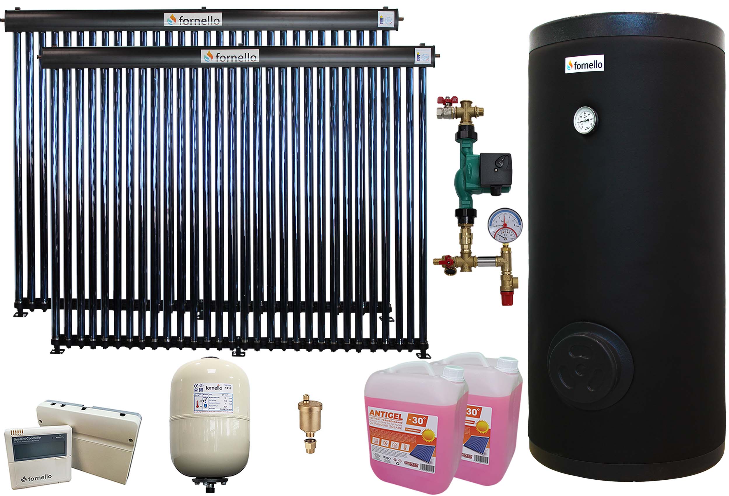 Pachet sistem solar presurizat, Fornello 60 Tuburi Heat Pipe, Boiler de sol 2 serpentine Fornello 500 LT 2S, controller, vas expansiune, grup pompare, aerisitor 1/2, antigel
