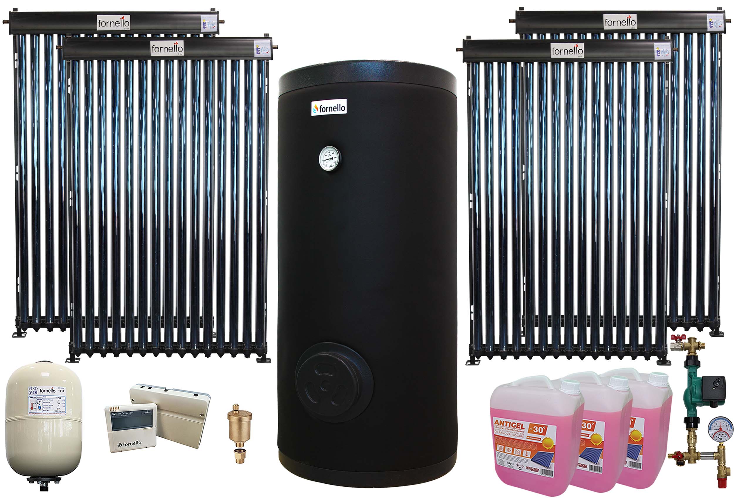 Pachet sistem solar presurizat, Fornello 60 Tuburi Heat Pipe, Boiler cu 2 serpentine Fornello SOL 500 LT 2S, controller, vas expansiune, grup pompare, aerisitor 1/2, antigel