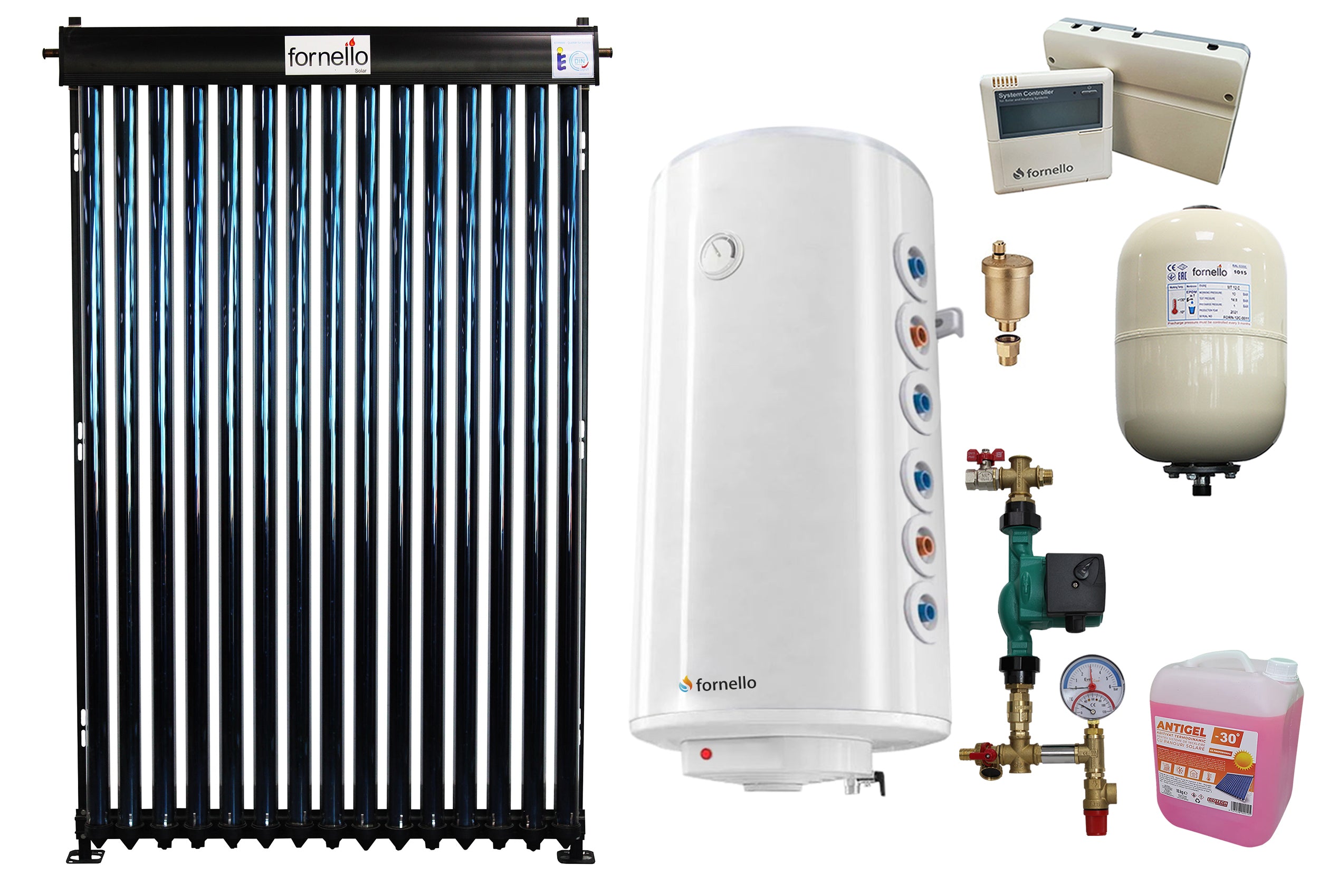 Pachet sistem solar presurizat, panou Fornello 15 Tuburi Heat Pipe, Boiler cu 2 serpentine Fornello Optima GCV7/4S 150 l, controller, vas expansiune, grup pompare, aerisitor 1/2, antigel