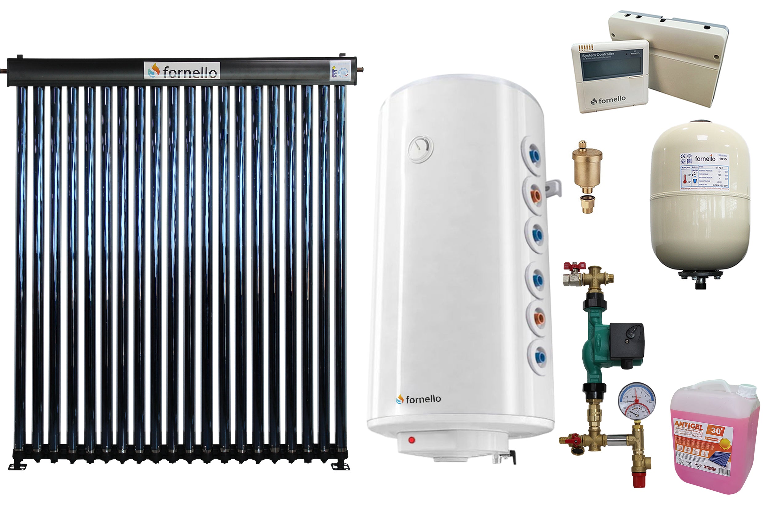 Pachet sistem solar presurizat, panou Fornello 20 Tuburi Heat Pipe, Boiler cu 2 serpentine Fornello Optima GCV7/4S 150 l, controller, vas expansiune, grup pompare, aerisitor 1/2, antigel