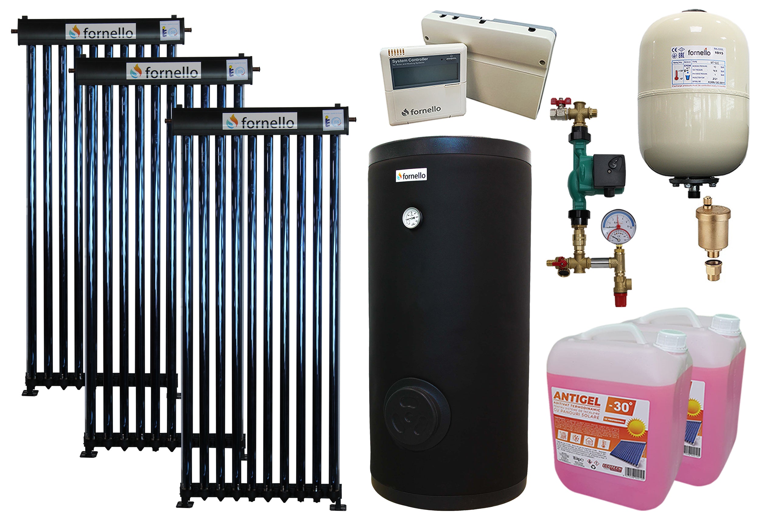 Pachet sistem solar presurizat, panou Fornello 30 Tuburi Heat Pipe, Boiler cu 2 serpentine Fornello SOL 300 LT 2S, controller, vas expansiune, grup pompare, aerisitor 1/2, antigel