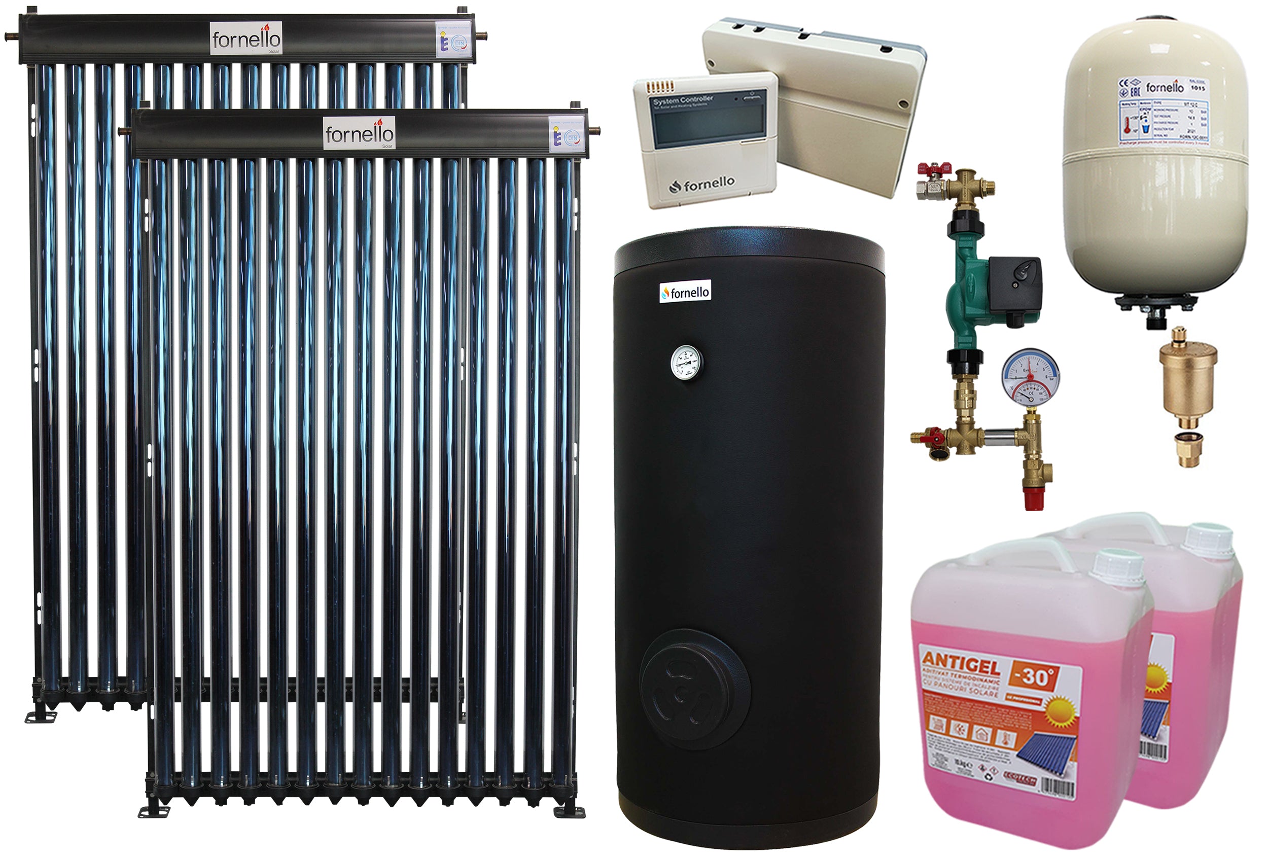 Pachet sistem solar presurizat, panou Fornello 30 Tuburi Heat Pipe, Boiler 2 serpentine Fornello SOL 300 LT 2S, controller, vas expansiune, grup pompare, aerisitor 1/2, antigel
