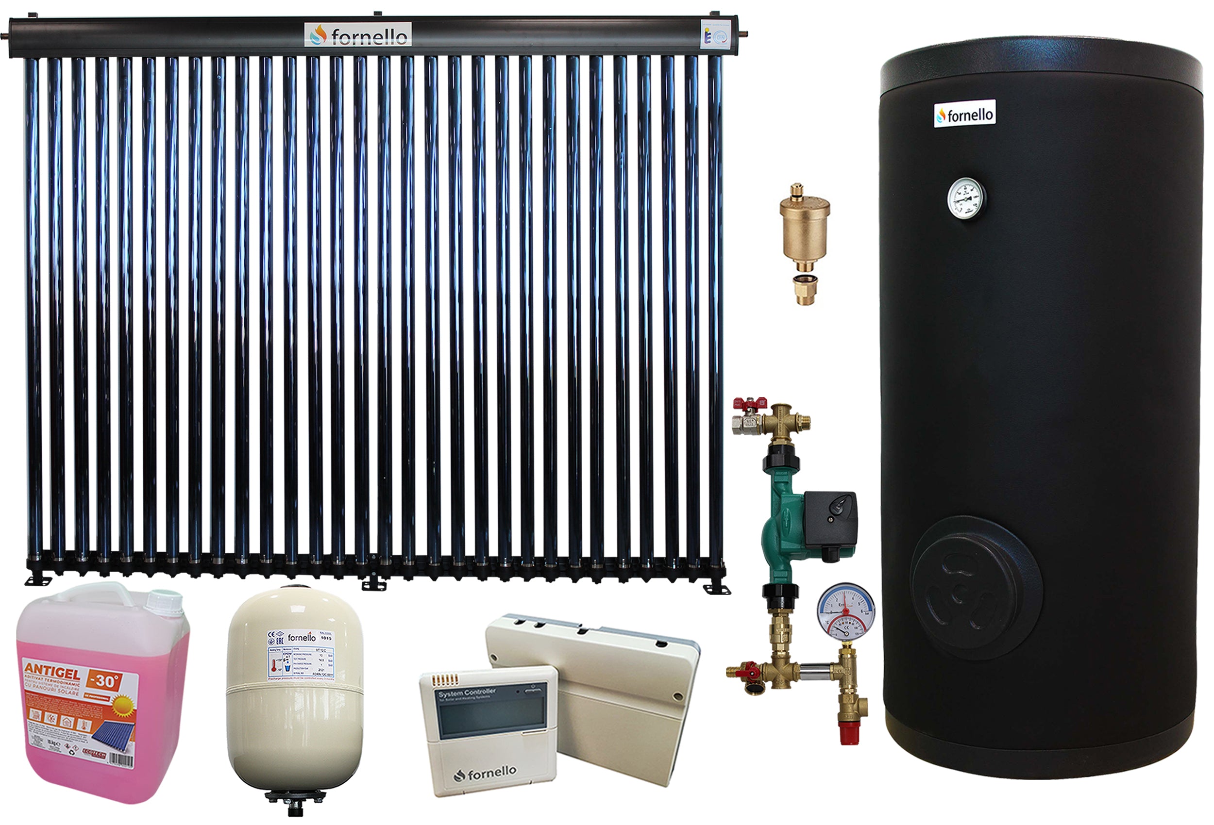 Pachet sistem solar presurizat, panou Fornello 30 Tuburi Heat Pipe, Boiler de SOL cu 2 serpentine Fornello 300 LT 2S, controller, vas expansiune, grup pompare, aerisitor 1/2, antigel