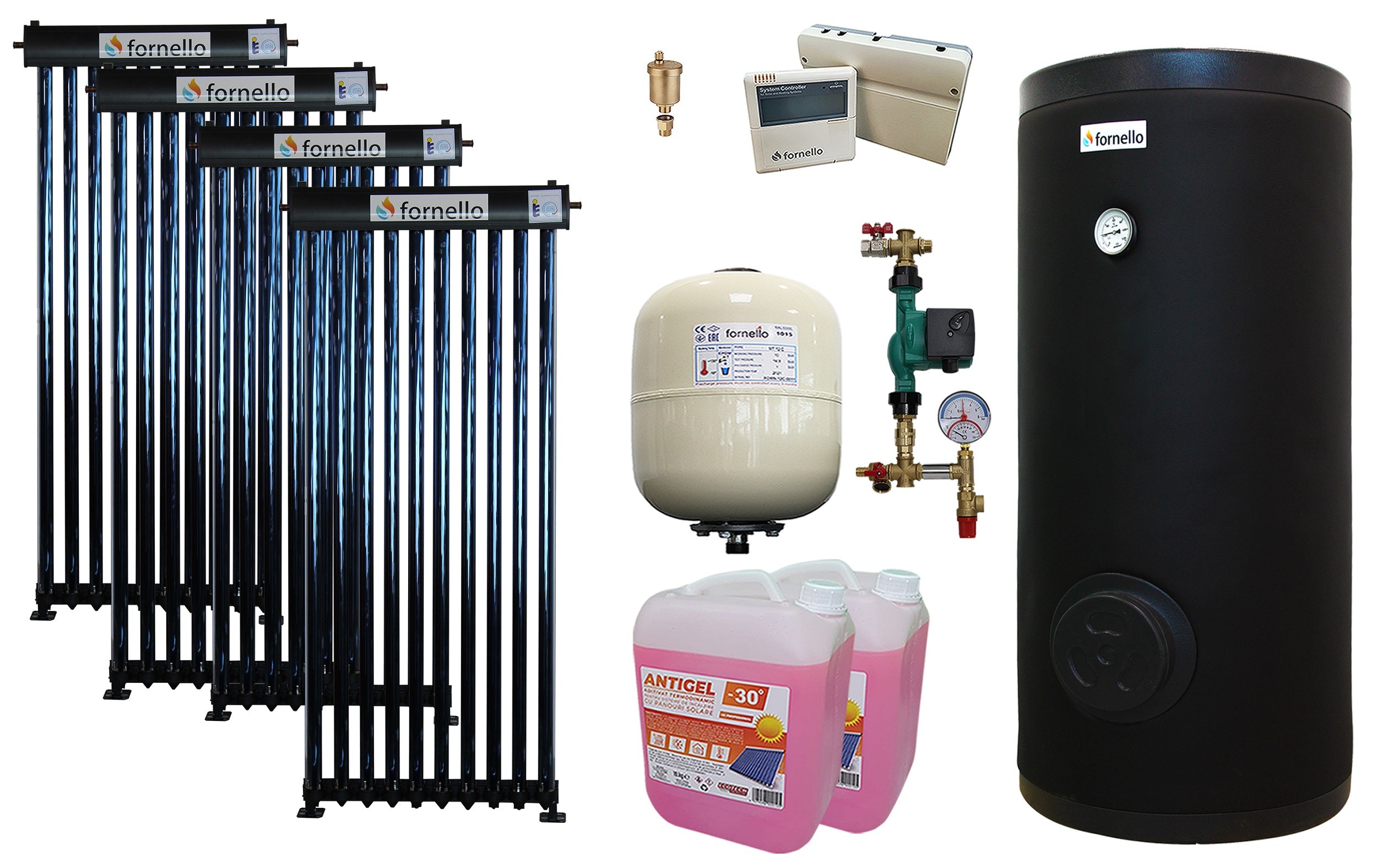 Pachet sistem solar presurizat, panou Fornello 40 Tuburi Heat Pipe, Boiler cu 2 serpentine Fornello SOL 300 LT 2S, controller, vas expansiune, grup pompare, aerisitor 1/2, antigel