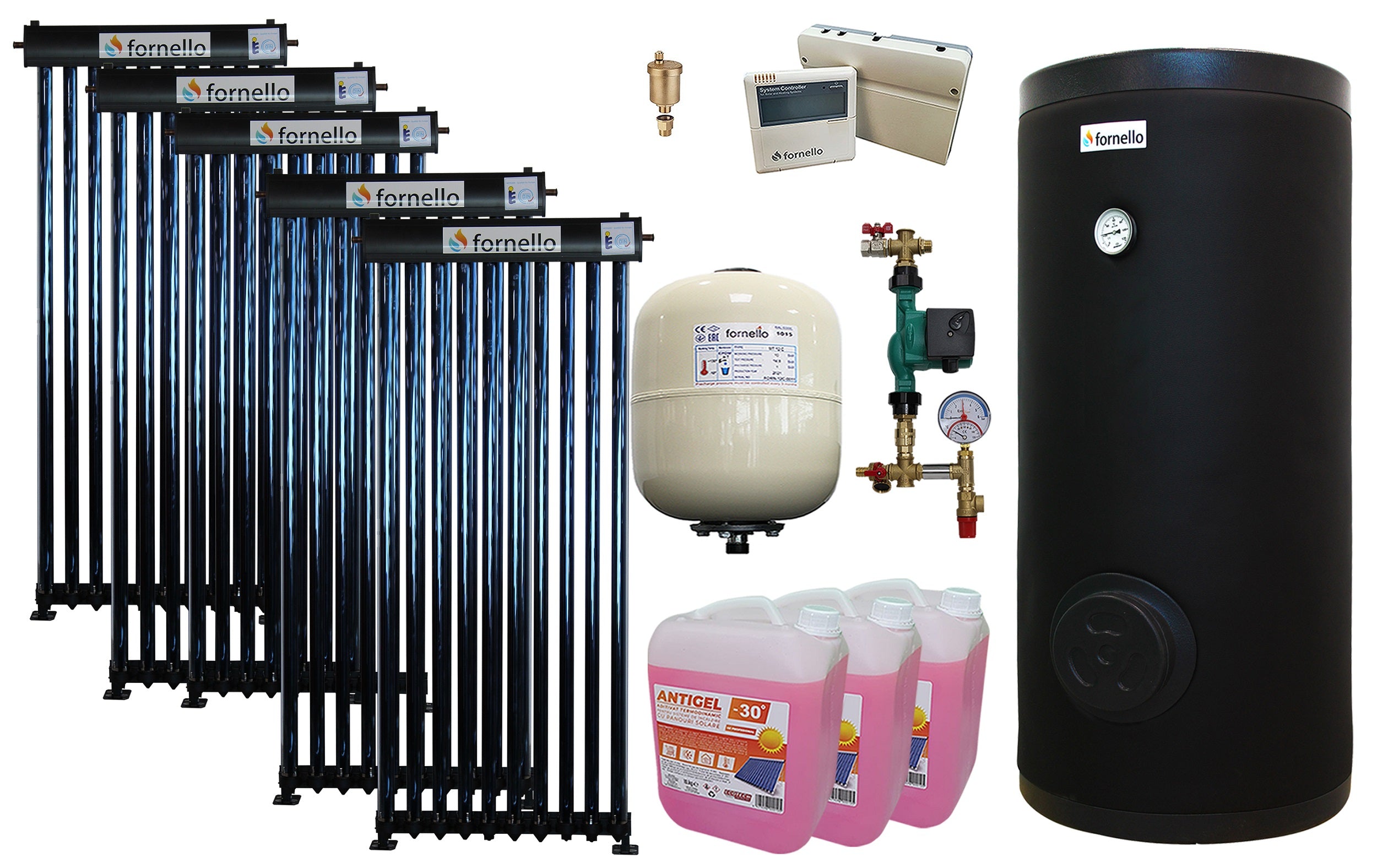 Pachet sistem solar presurizat, panou Fornello 50 Tuburi Heat Pipe, Boiler cu 2 serpentine Fornello SOL 500 LT 2S, controller, vas expansiune, grup pompare, aerisitor 1/2, antigel