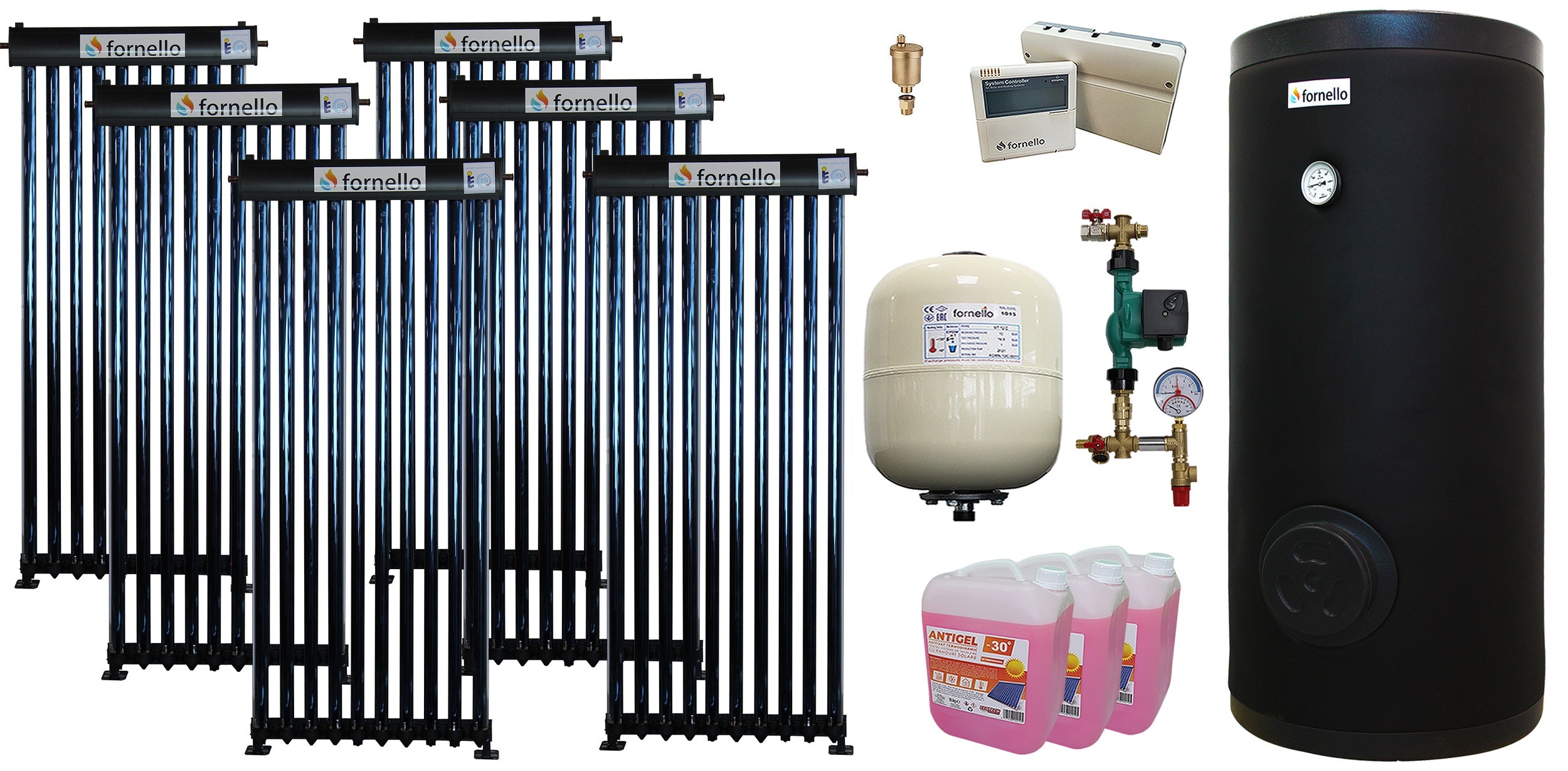 Pachet sistem solar presurizat, panou Fornello 60 Tuburi Heat Pipe, Boiler cu 2 serpentine Fornello SOL 500 LT 2S, controller, vas expansiune, grup pompare, aerisitor 1/2, antigel