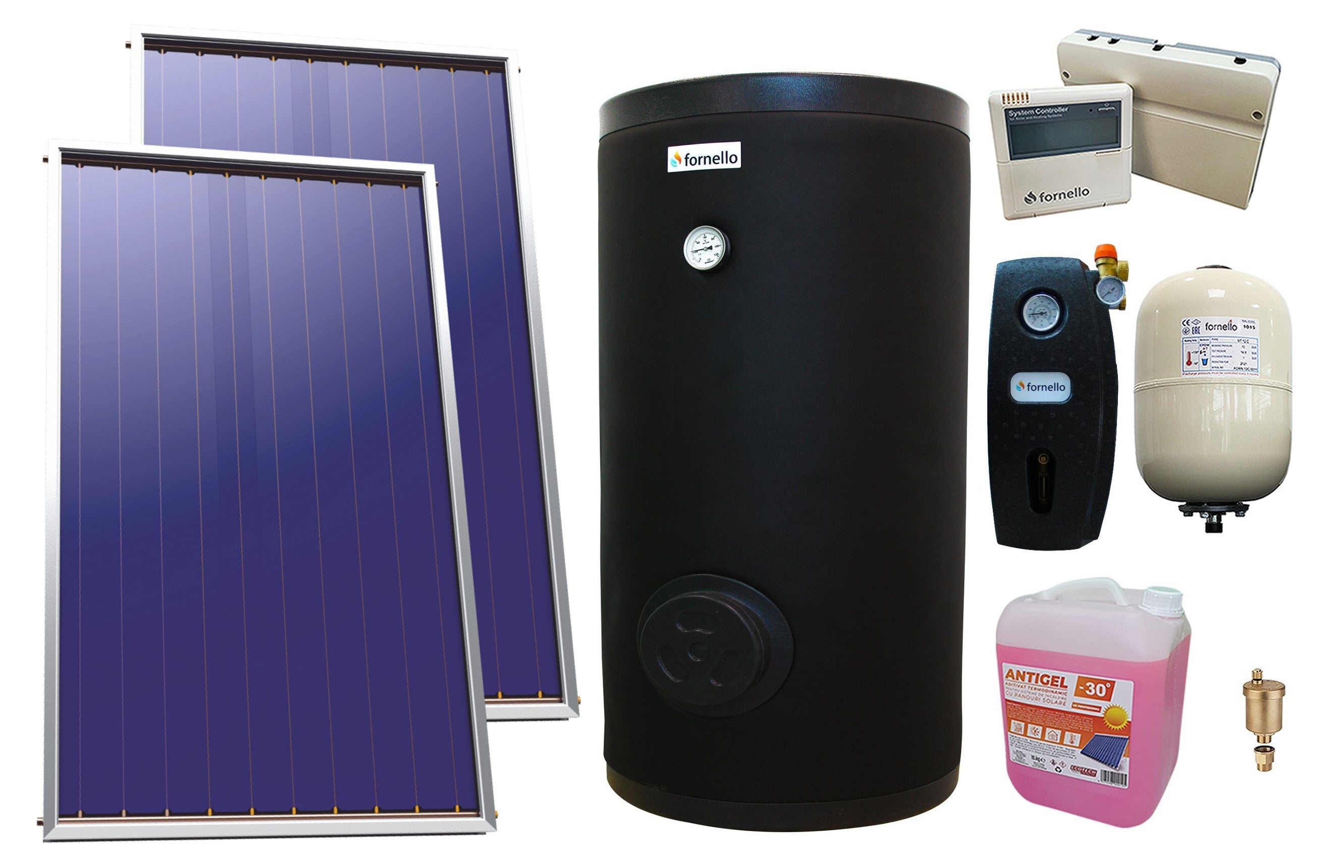 Pachet sistem solar presurizat, Panou Plan Sunsystem Select PK SL CL NL 2.15 m², Boiler cu 2 serpentine FORNELLO SOL 200 LT 2S, grup pompare, controller, vas expansiune, antigel, aerisitor 1/2