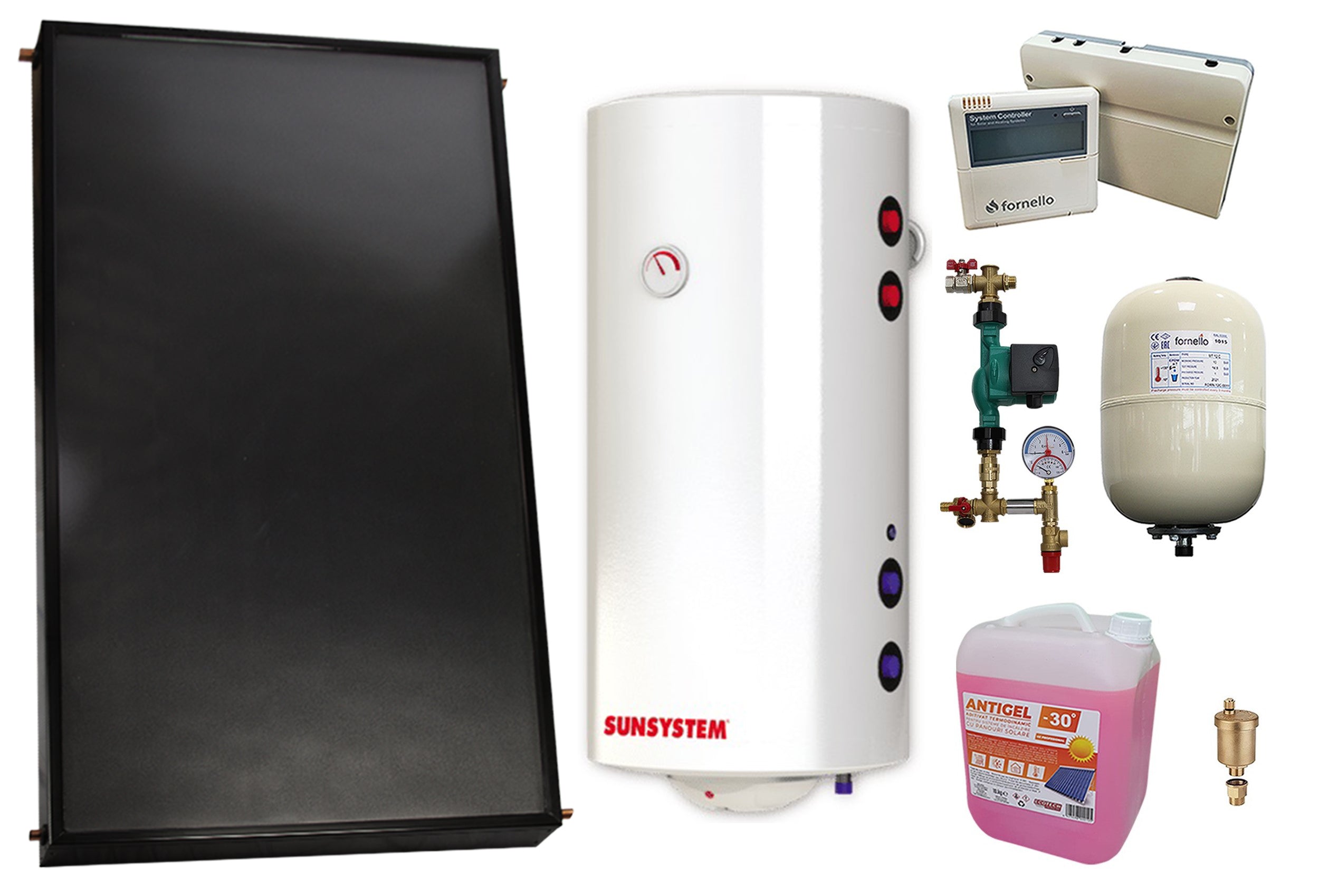 Pachet sistem solar presurizat, Panou solar plan Fornello 2.0 m² SPFP, Boiler cu 2 serpentine si rezistenta electrica Sunsystem MB NL2 120 litri, grup pompare, controller, vas expansiune, antigel, aerisitor 1/2