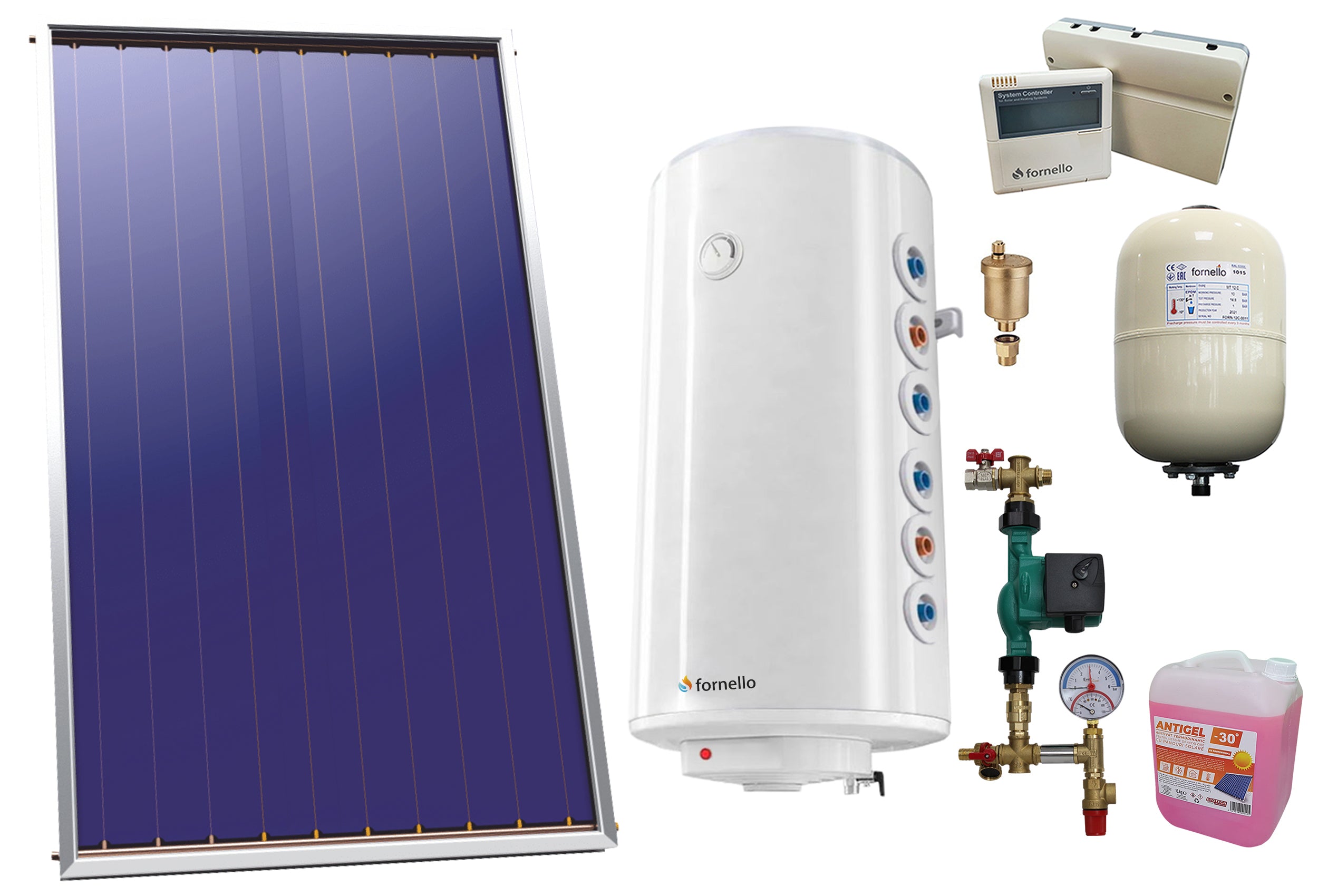 Pachet sistem solar presurizat, Panou Solar Plan Sunsystem Select PK SL CL NL 2.15 m², Boiler cu 2 serpentine Fornello Optima GCV7/4S 120 l, grup pompare, controller, vas expansiune, antigel, aerisitor 1/2