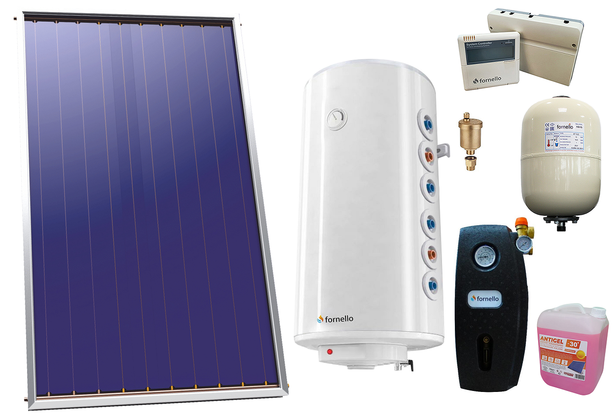 Pachet sistem solar presurizat, Panou Solar Plan Sunsystem Select PK SL CL NL 2.15 m², Boiler Fornello Optima GCV7/4S 120 l, 2 serpentine, grup pompare, controller, vas expansiune, antigel, aerisitor 1/2