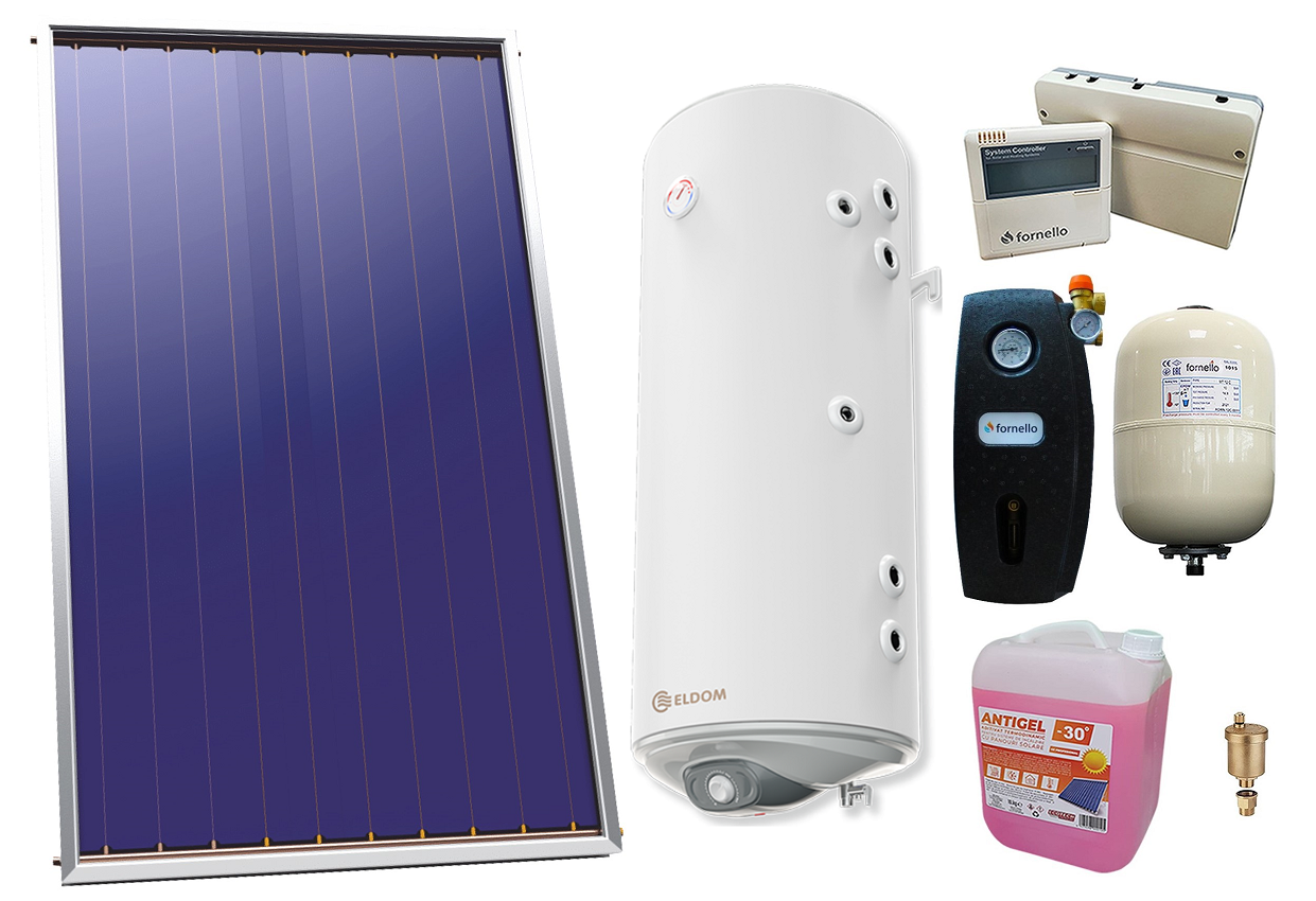 Pachet sistem solar presurizat, Panou Solar plan Sunsystem Select PK SL CL NL 2.15 m², Boiler mixt cu 2 serpentine in paralel Eldom WV12046S21R 120 L, 3 Kw, grup pompare, controller, vas expansiune, antigel, aerisitor 1/2