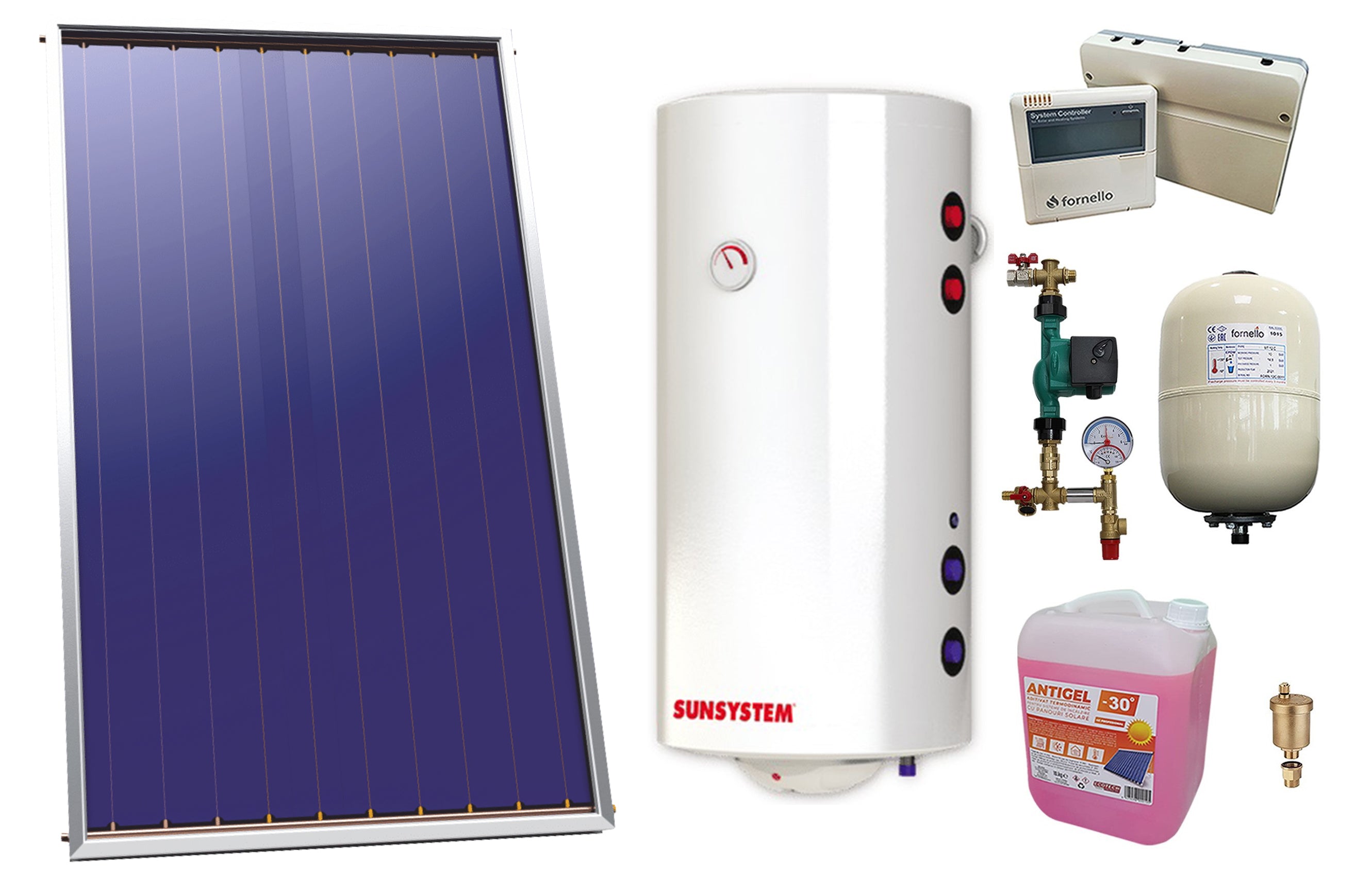 Pachet sistem solar presurizat, Panou Solar Sunsystem Select PK SL CL NL 2.15 m², Sunsystem BB NL2 150 PRL 3KW cu doua serpentine, grup pompare, controller, vas expansiune, antigel, aerisitor 1/2