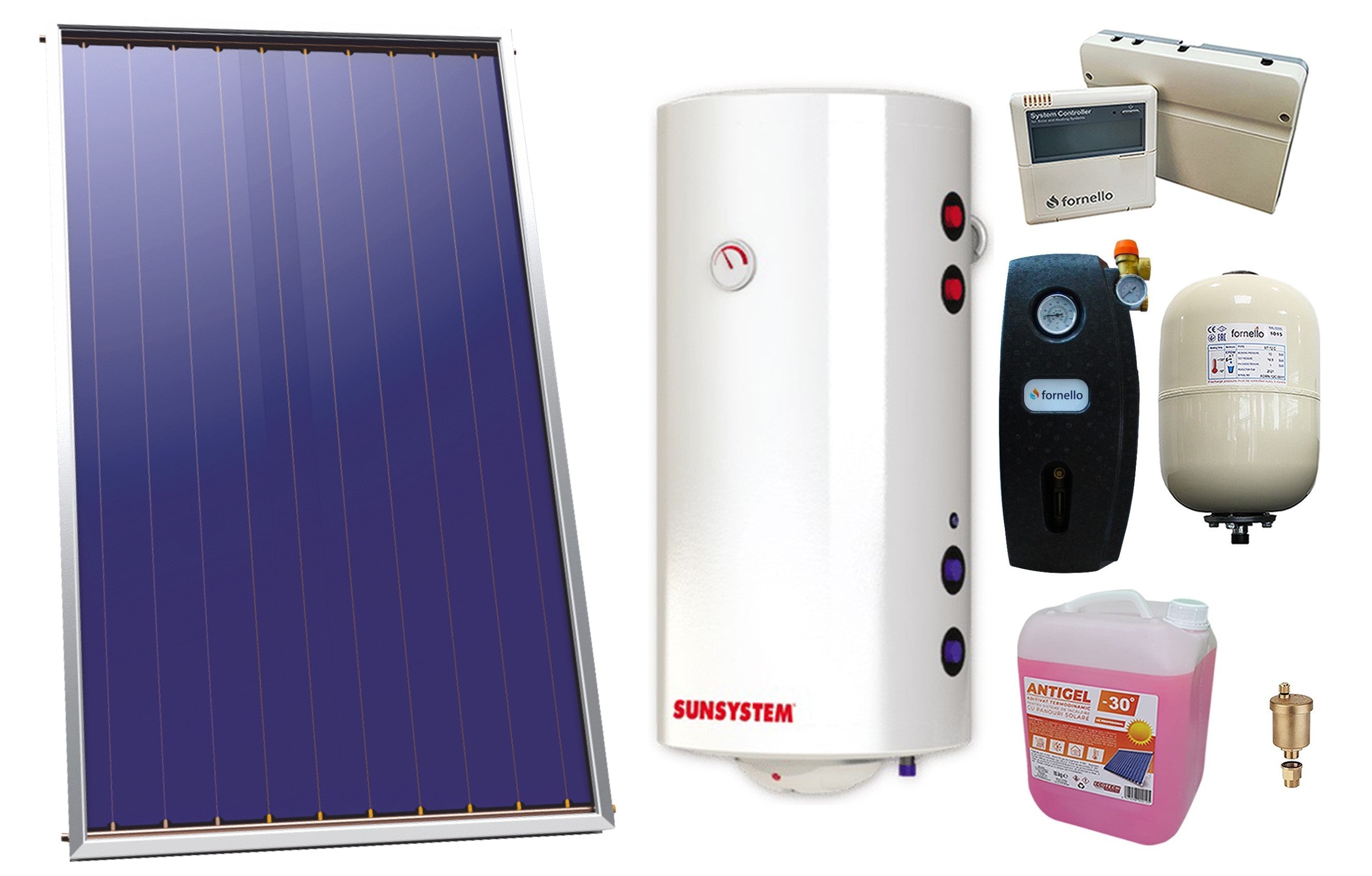 Pachet sistem solar presurizat, Panou Solar Sunsystem Select PK SL CL NL 2.15 m², Sunsystem BB NL2 150 PRL 3KW 2 serpentine, grup pompare, controller, vas expansiune, antigel, aerisitor 1/2