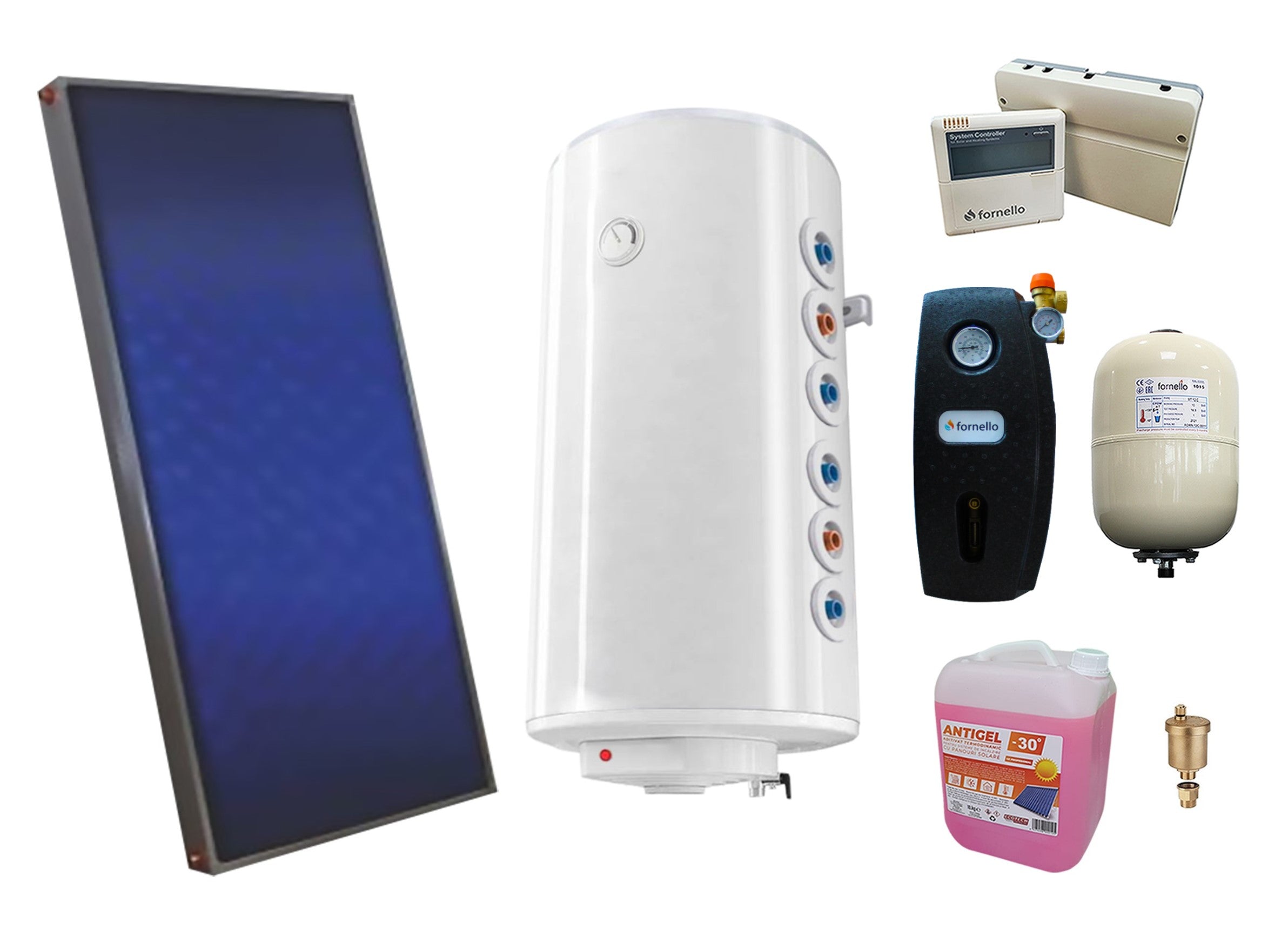 Pachet sistem solar presurizat, panou Sunsystem PК SL FP 2.0, Boiler 2 serpentine 120 litri, controller, vas expansiune, grup pompare, aerisitor 1/2, antigel