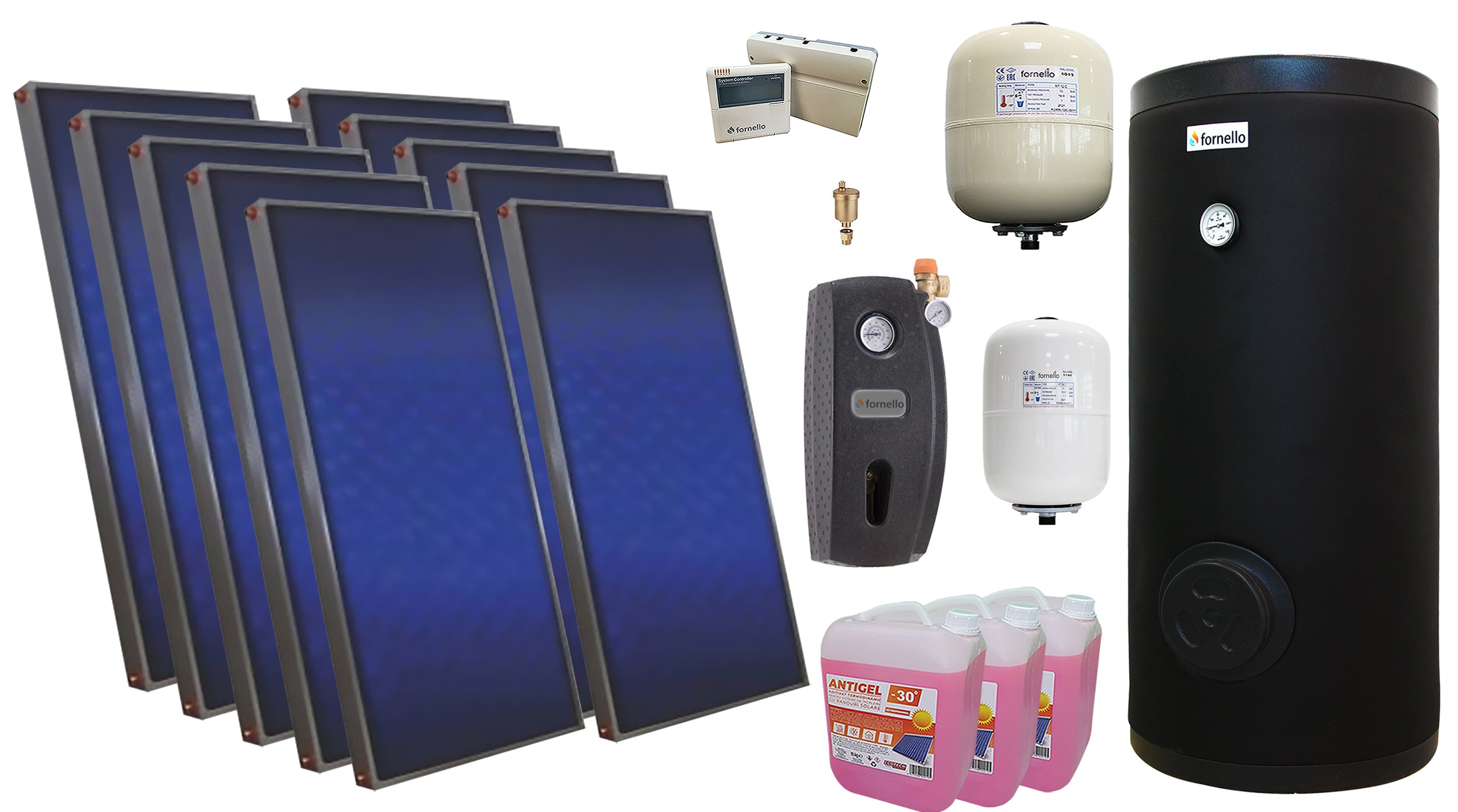 Pachet solar premium, presurizat, 10x panou plan Sunsystem PК SL FP 2.0, Boiler cu 2 serpentine Fornello SOL 1000 LT 2S, controller, vas expansiune solar, vas expansiune sanitar, grup pompare Fornello (pompa OHI), aerisitor 1/2, antigel