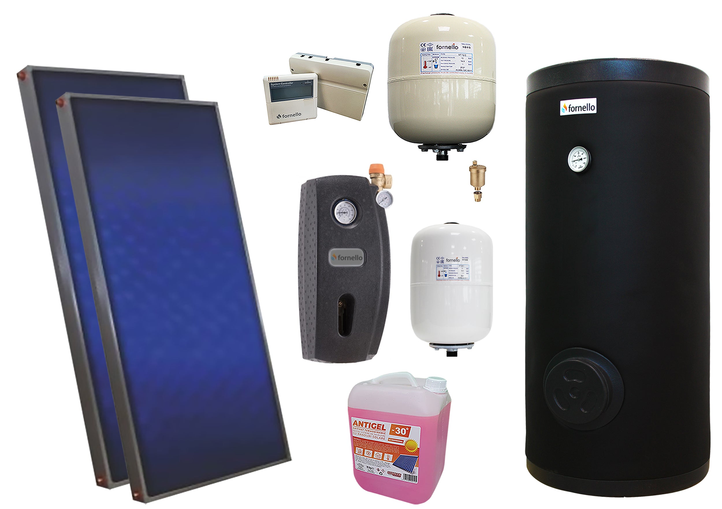 Pachet solar premium, presurizat, 2x panou plan Sunsystem PК SL FP 2.0, Boiler cu 2 serpentine Fornello SOL 200 LT 2S, controller, vas expansiune solar, vas expansiune sanitar, grup pompare Fornello (pompa OHI), aerisitor 1/2, antigel