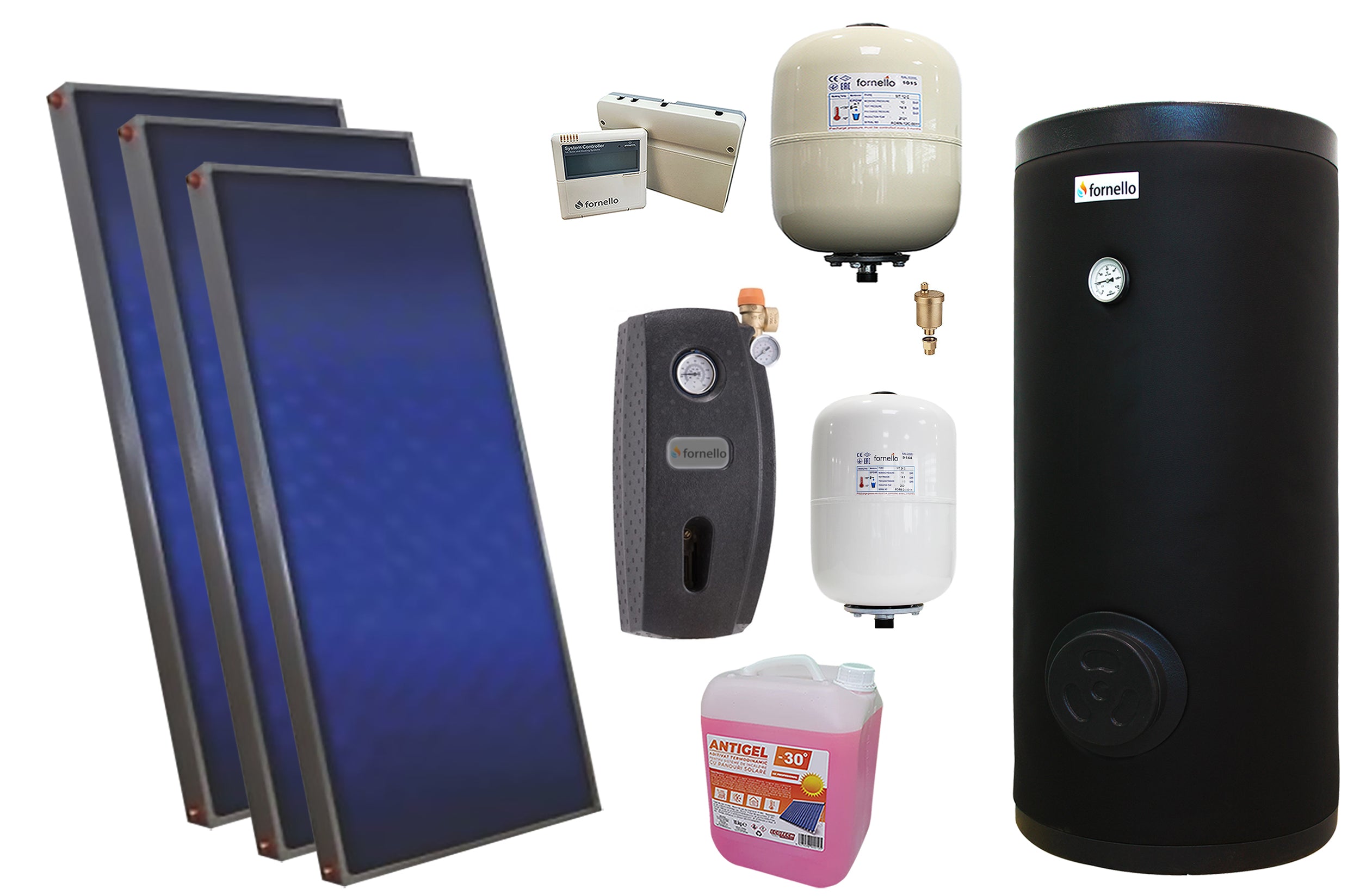 Pachet solar premium, presurizat, 3x panou plan Sunsystem PК SL FP 2.0, Boiler cu 2 serpentine Fornello SOL 300 LT 2S, controller, vas expansiune solar, vas expansiune sanitar, grup pompare Fornello (pompa OHI), aerisitor 1/2, antigel