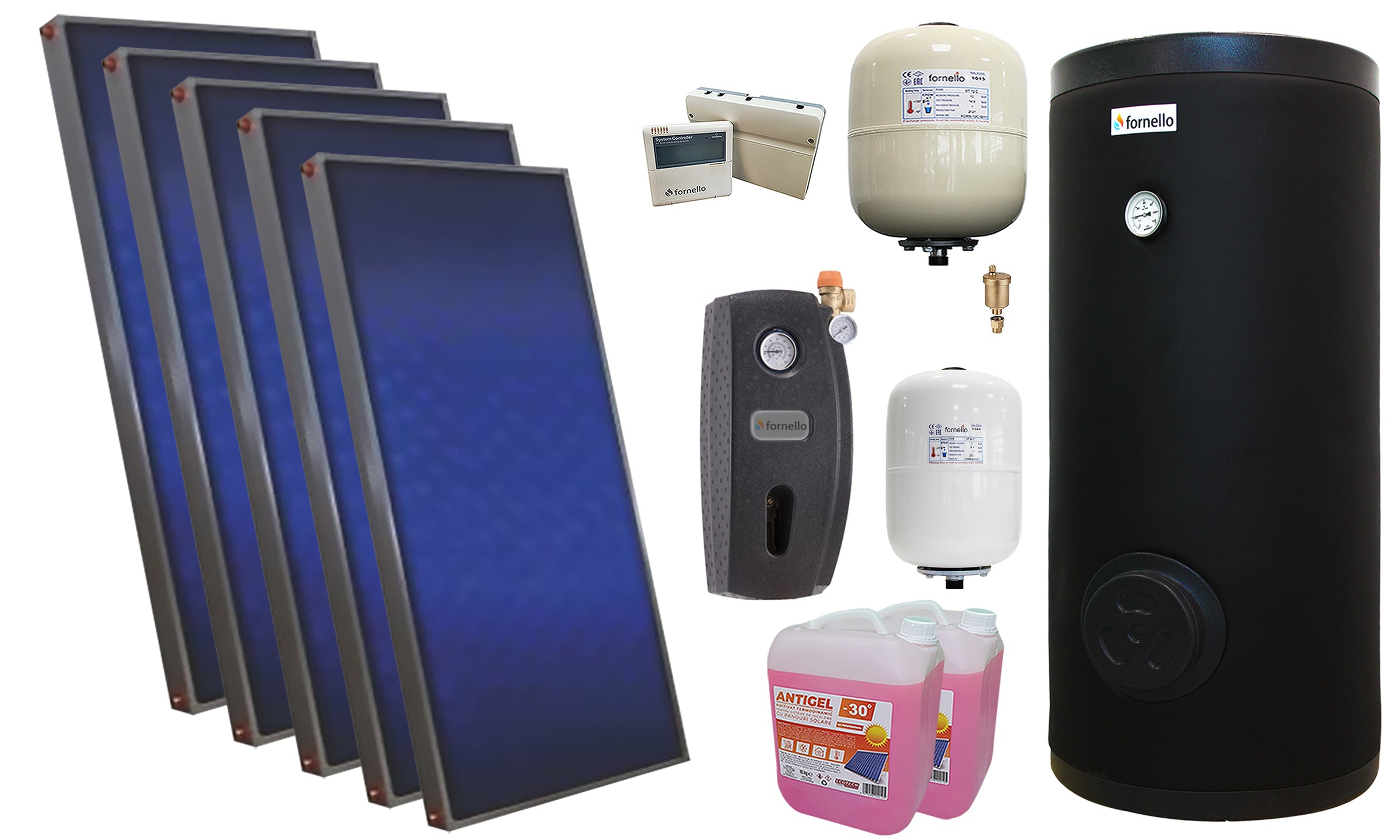 Pachet solar premium, presurizat, 5x panou plan Sunsystem PК SL FP 2.0, Boiler cu 2 serpentine Fornello SOL 500 LT 2S, controller, vas expansiune solar, vas expansiune sanitar, grup pompare Fornello (pompa OHI), aerisitor 1/2, antigel