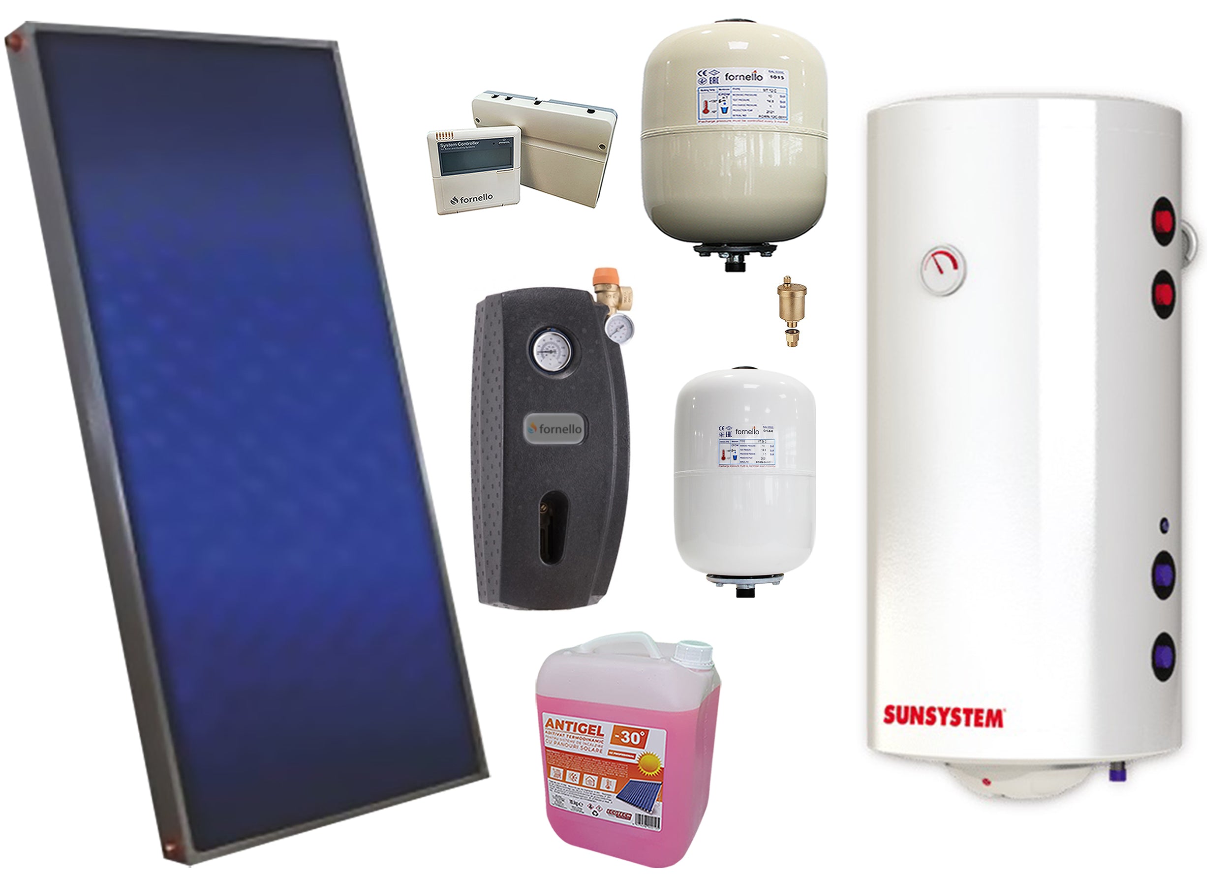 Pachet solar premium, presurizat, panou plan Sunsystem PК SL FP 2.0, Boiler cu 2 serpentine Sunsystem MB NL2 100 PRL 2S, controller, vas expansiune solar, vas expansiune sanitar, grup pompare Fornello (pompa OHI), aerisitor, antigel