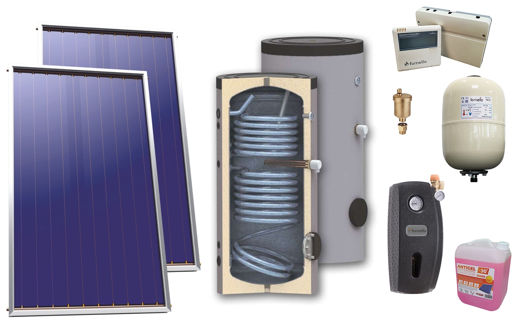 Pachet solar, presurizat, 2 x Panou solar plan Sunsystem Select PK SL CL NL 2.15 m², Boiler de sol Sunsystem SON 200, Controller, Vas expansiune, Grup pompare, Antigel