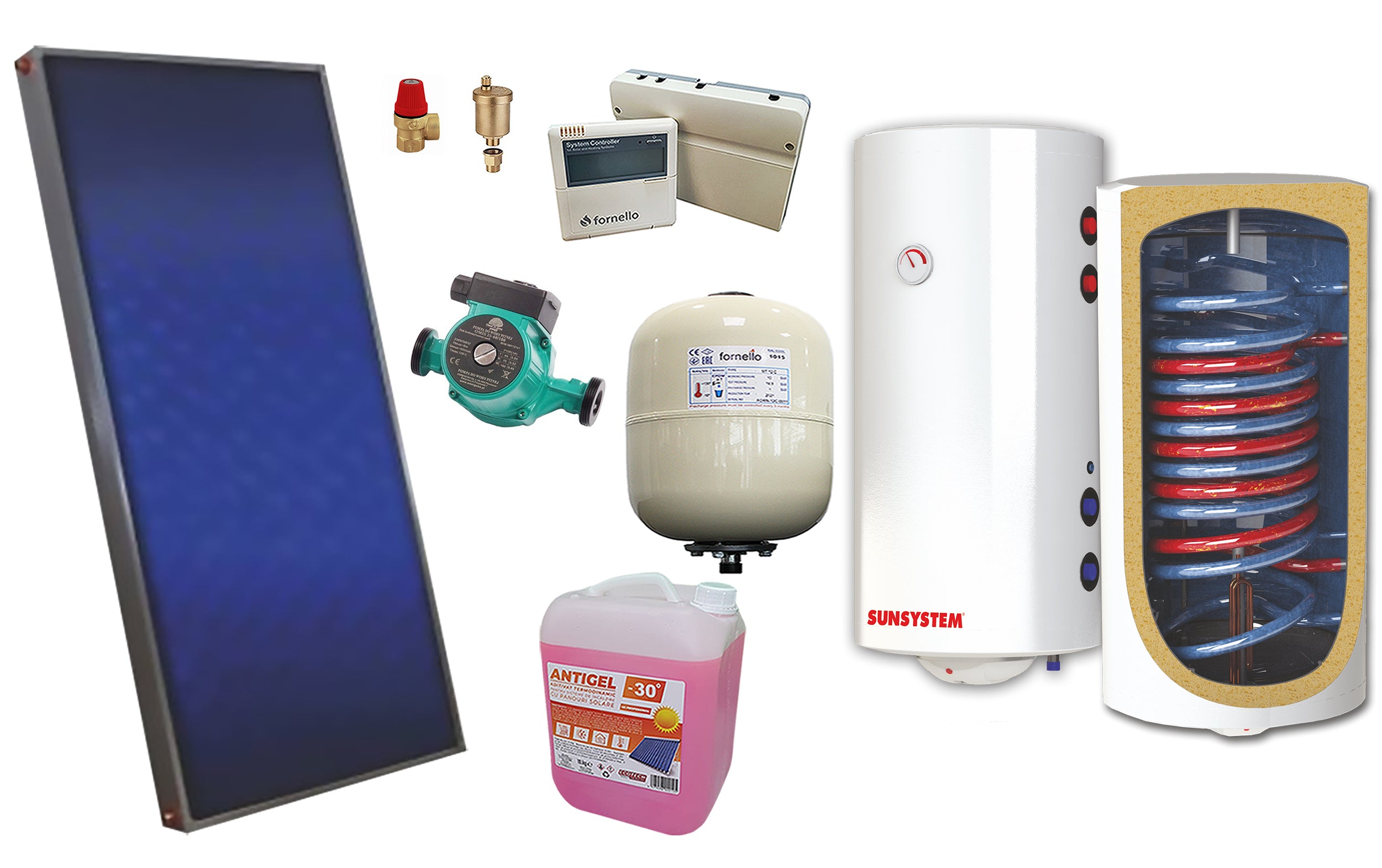 Pachet solar, presurizat, panou plan Sunsystem PК SL FP 2.4, Boiler cu 2 serpentine si rezistenta electrica Sunsystem MB NL2 100 litri, controller, vas expansiune solar, pompa, supapa, aerisitor, antigel
