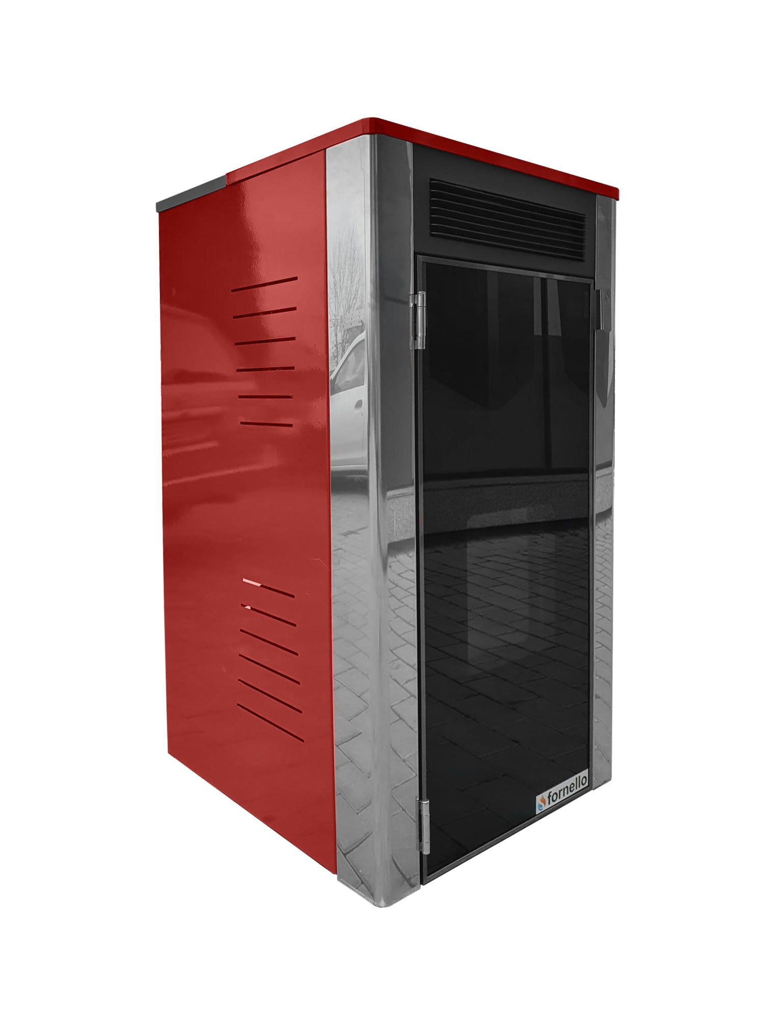 Pachet Termoșemineu Fornello Primo Truva 25 kW Bordeaux, pompa de circulatie, vas de expansiune, supape de siguranta, curatare mecanica creuzet, Calorifere, Boiler 100 l, kit evacuare 3.5 ml, Termostat Radio Comanda Salus 091FLRFV2, Aspirator Cenusa