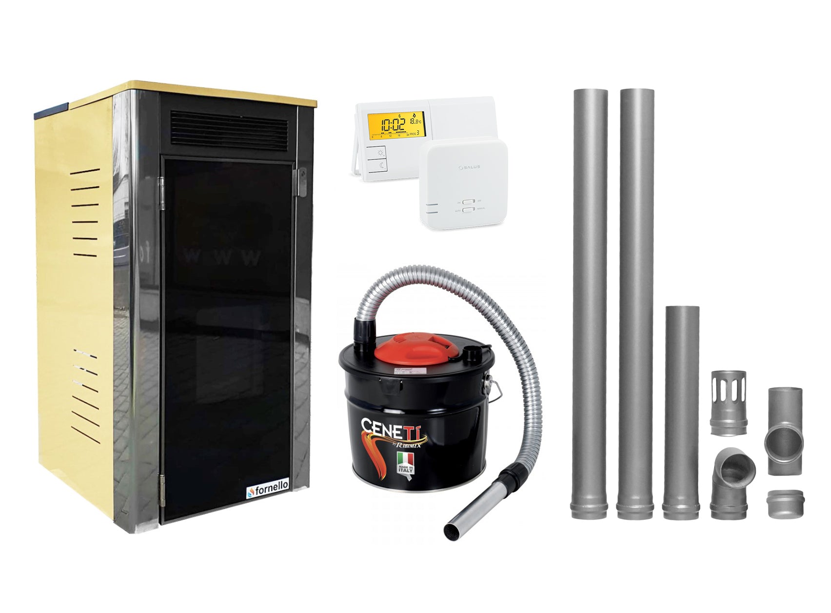 Pachet Termoșemineu Fornello Primo Truva 25 kW Ivory, pompa de circulatie, vas de expansiune, supape de siguranta, curatare mecanica creuzet, kit evacuare 2.5 ml, Termostat Salus 091FLRFV2 si Aspirator Cenusa