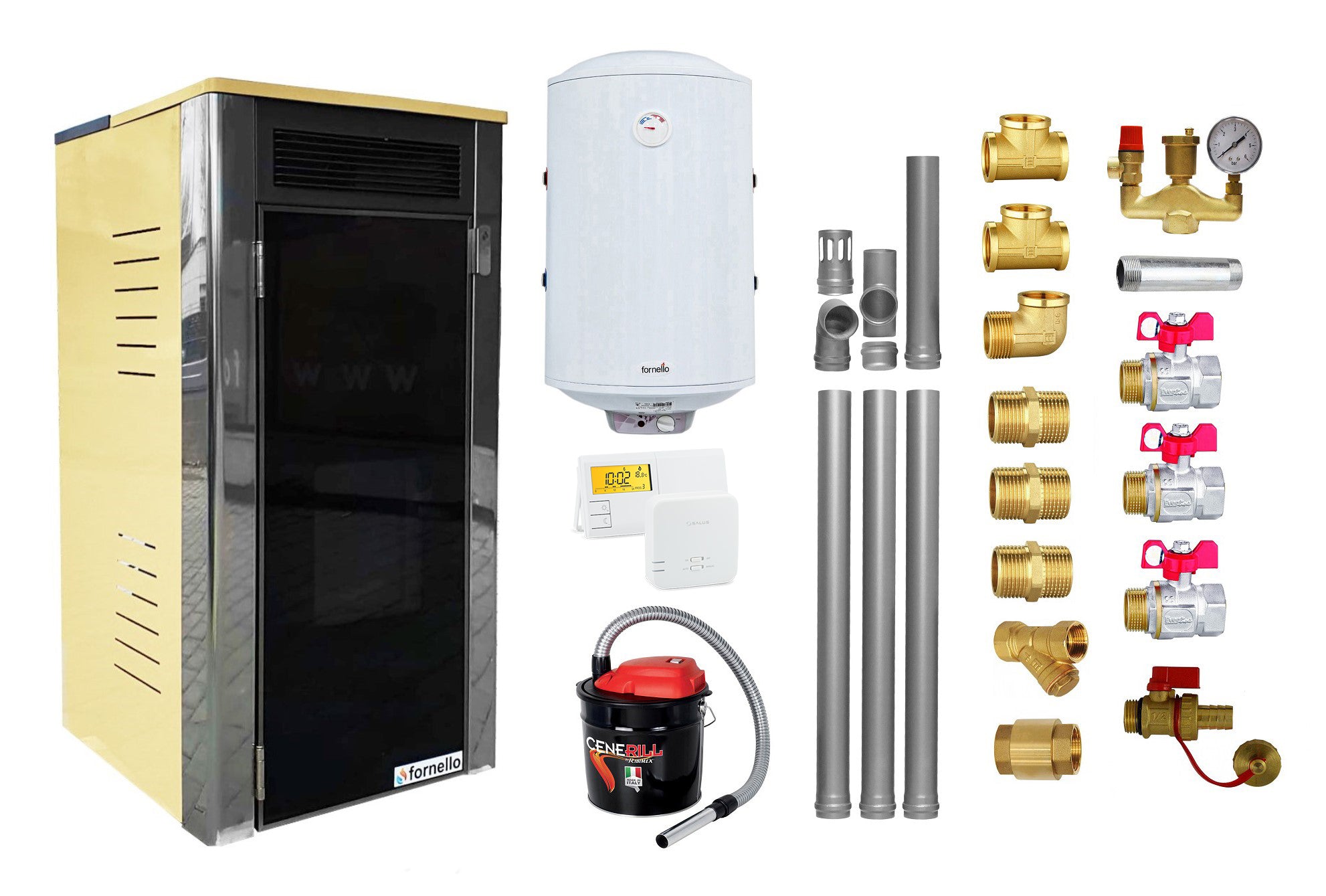 Pachet Termoșemineu Fornello Primo Truva 25 kW Ivory, pompa de circulatie, vas de expansiune, supape de siguranta, curatare mecanica creuzet, Boiler 100 l, kit evacuare 3.5 ml, Termostat Salus 091FLRFV2, Aspirator Cenusa si fitinguri