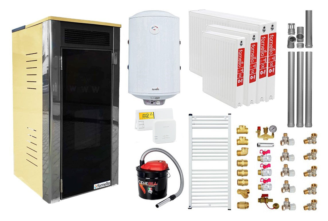 Pachet Termoșemineu Fornello Primo Truva 25 kW Ivory, pompa de circulatie, vas de expansiune, supape de siguranta, curatare mecanica creuzet, Calorifere, Boiler 100 l, kit evacuare 3.5 ml, Termostat Salus 091FLRFV2, Aspirator Cenusa si fitinguri