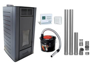 Pachet Termosemineu centrala pe peleti Fornello SERENA W25, 25 kw, culoare Black, complet echipat cu kit evacuare 2.5 ml, Termostat Radio Comanda Computherm Q3 RF, Aspirator Cenusa, suprafata incalzita pana la 150 mp