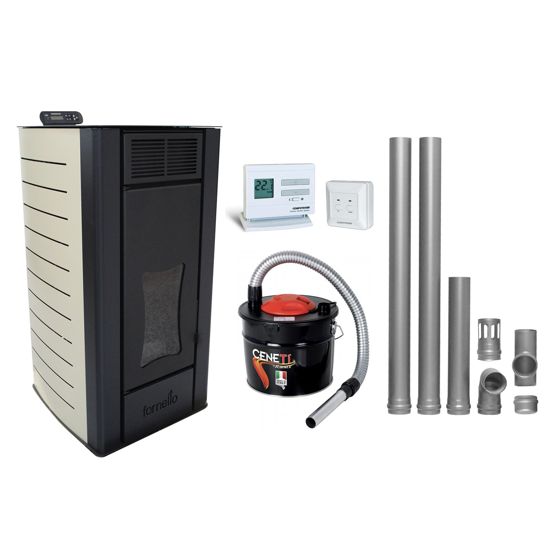 Pachet Termosemineu centrala pe peleti Fornello SERENA W25, 25kw, culoare Ivory, complet echipat cu kit evacuare 2.5 ml, Termostat Radio Comanda Computherm Q3 RF, Aspirator Cenusa, suprafata incalzita pana la 150 mp 22 Podea Ivory