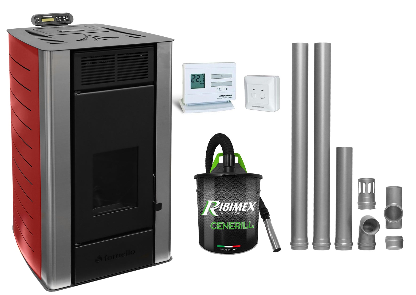 Pachet Termosemineu centrala pe peleti Fornello SERENA W25, 25 kw, culoare Bordeaux, complet echipat cu kit evacuare 2.5 ml, Termostat Radio Comanda Computherm Q3 RF, Aspirator Cenusa, suprafata incalzita pana la 150 mp