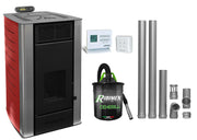 Pachet Termosemineu centrala pe peleti Fornello SERENA W25, 25 kw, culoare Bordeaux, complet echipat cu kit evacuare 2.5 ml, Termostat Radio Comanda Computherm Q3 RF, Aspirator Cenusa, suprafata incalzita pana la 150 mp