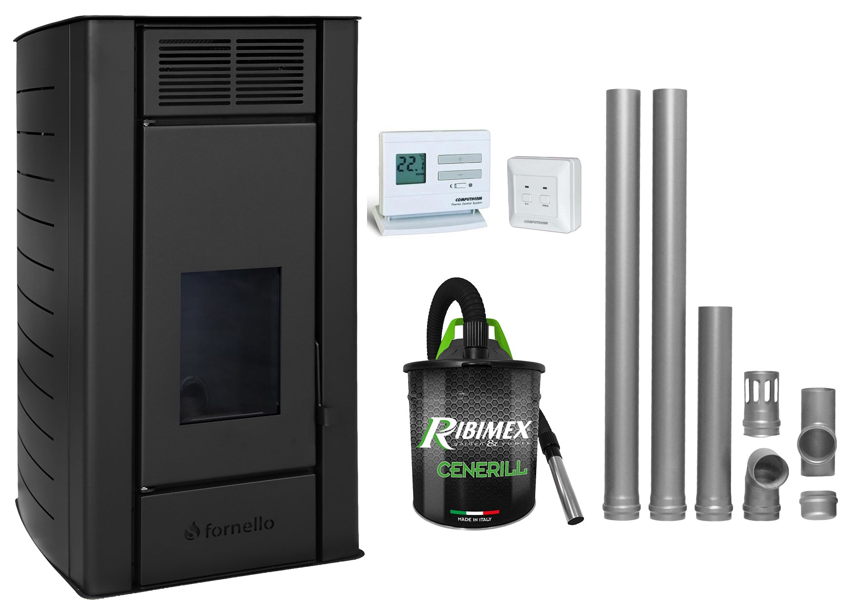 Pachet Termosemineu centrala pe peleti Fornello SERENA W25, 25 kw, culoare Black, complet echipat cu kit evacuare 2.5 ml, Termostat Radio Comanda Computherm Q3 RF, Aspirator Cenusa, suprafata incalzita pana la 150 mp