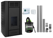 Pachet Termosemineu centrala pe peleti Fornello SERENA W25, 25 kw, culoare Black, complet echipat cu kit evacuare 2.5 ml, Termostat Radio Comanda Computherm Q3 RF, Aspirator Cenusa, suprafata incalzita pana la 150 mp