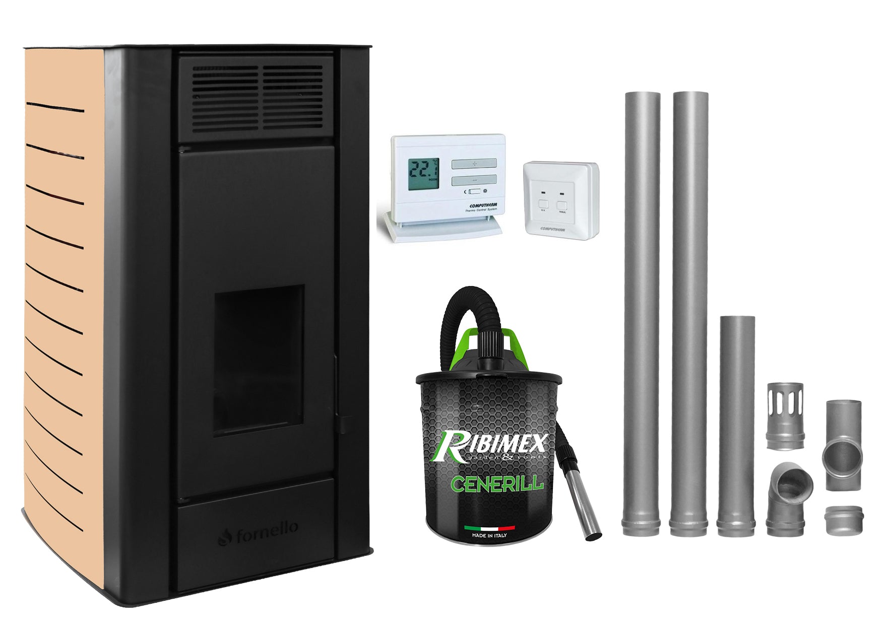 Pachet Termosemineu centrala pe peleti Fornello SERENA W25, 25kw, culoare Ivory, complet echipat cu kit evacuare 2.5 ml, Termostat Radio Comanda Computherm Q3 RF, Aspirator Cenusa, suprafata incalzita pana la 150 mp 22 Podea Ivory