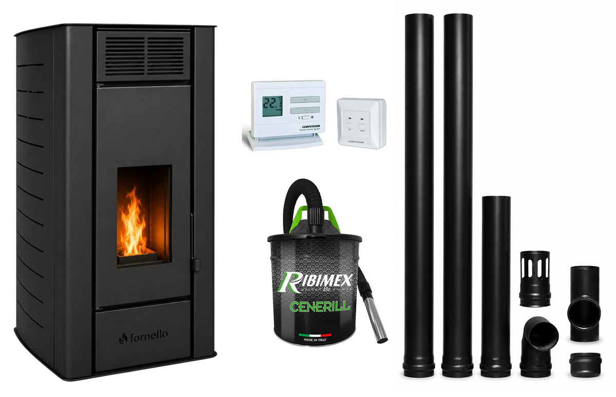 Pachet Termosemineu centrala pe peleti Fornello SERENA 25 kw, culoar eBlack, complet echipat cu kit evacuare 2.5 ml, Termostat Radio Comanda Computherm Q3 RF, Aspirator Cenusa, suprafata incalzita pana la 150 mp