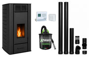 Pachet Termosemineu centrala pe peleti Fornello SERENA 25 kw, culoar eBlack, complet echipat cu kit evacuare 2.5 ml, Termostat Radio Comanda Computherm Q3 RF, Aspirator Cenusa, suprafata incalzita pana la 150 mp