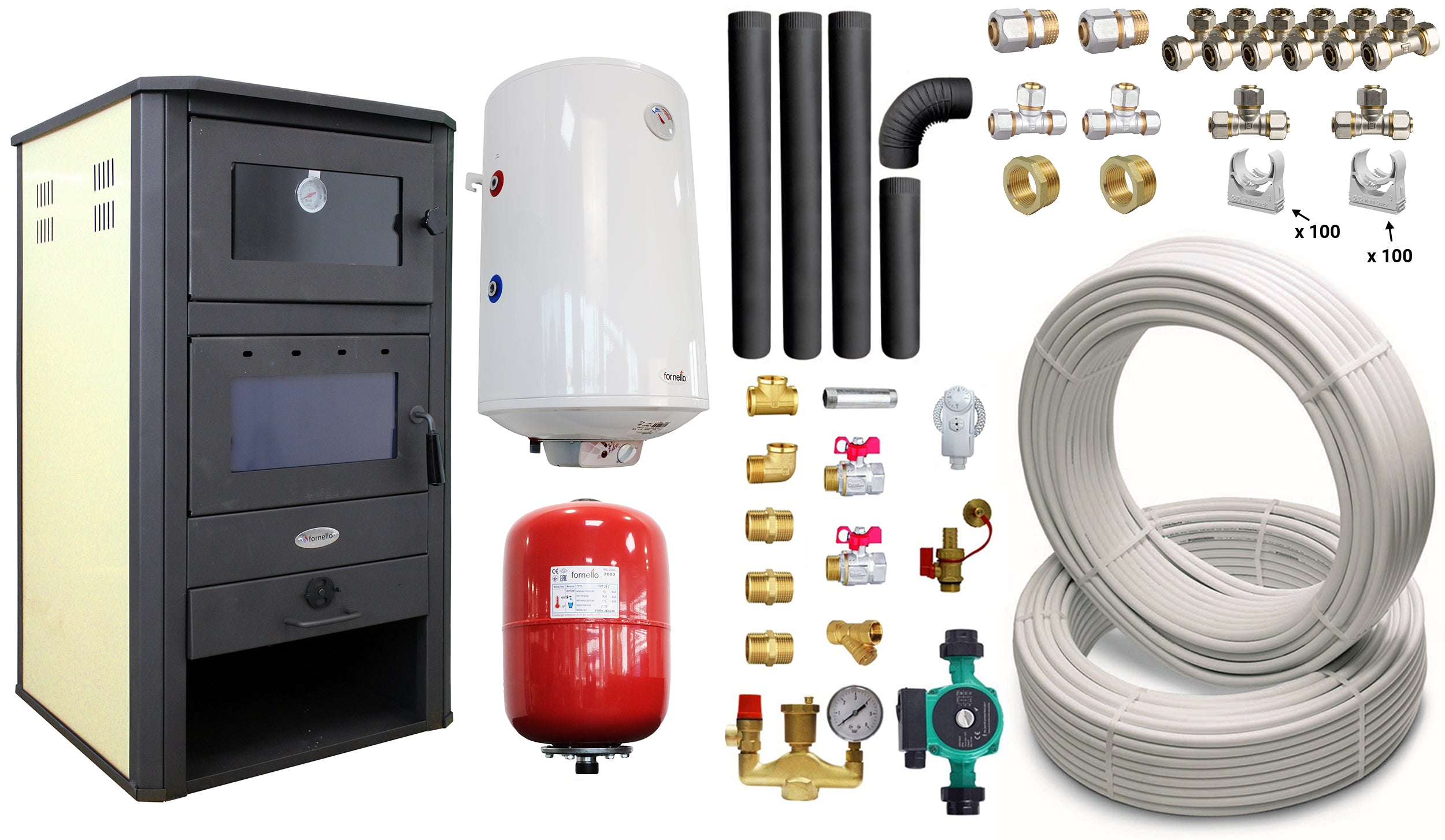 Pachet Termosemineu pe lemne, brichete si carbune Fornello MILANO E, 24 KW, cuptor, Ivory, 580x560x1060 mm, boiler termoelectric 100l, teava, vas expansiune, pompa circulatie, kit evacuare si fitinguri