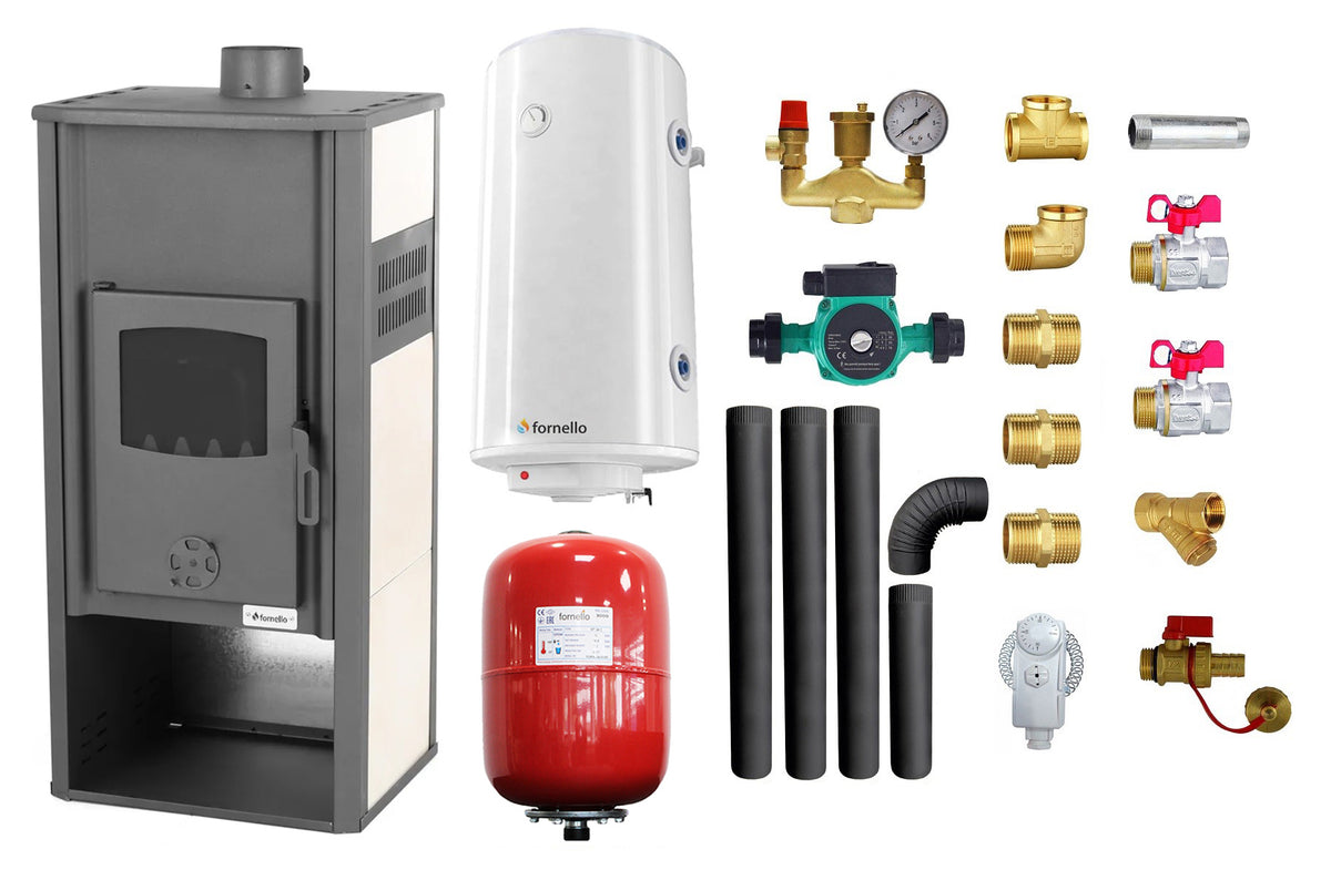 Pachet Termosemineu pe lemne, brichete si carbune Fornello Roma E, Ivory, 22 kW, 49x45x103 cm, boiler termoelectric 100l, vas expansiune, pompa circulatie, kit evacuare si kit montaj
