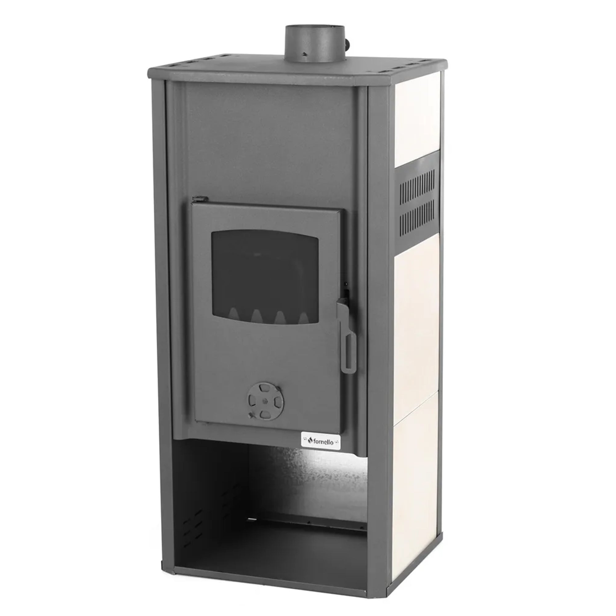 Pachet Termosemineu pe lemne, brichete si carbune Fornello Roma E, Ivory, 22 kW, 49x45x103 cm, boiler termoelectric 100l, teava, vas expansiune, pompa circulatie, kit evacuare si fitinguri