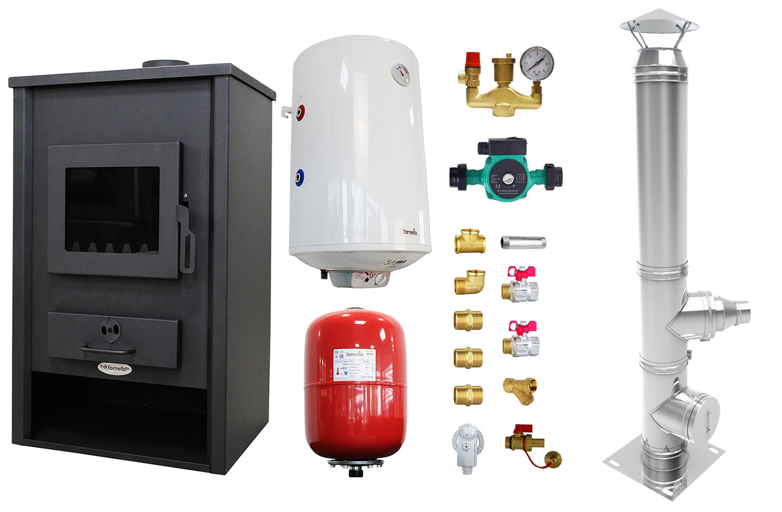 Pachet Termosemineu pe lemne, brichete si carbune Fornello Padova E, 19.4 kW, 510x500x910 mm, cos inox, boiler termoelectric 80l, vas expansiune, pompa circulare si kit montaj