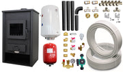 Pachet Termosemineu pe lemne, brichete si carbune Fornello PADOVA E, 19.4 kW, 510x500x910 mm, boiler termoelectric 80l, teava, vas expansiune, pompa circulare, kit evacuare si fitinguri