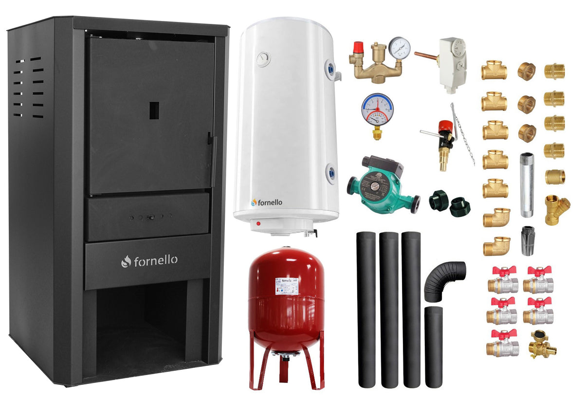 Pachet Cazan pe lemne, brichete si carbune Fornello Monza Black 27 kW, Boiler Termoelectric, Vas Expansune, Pompa, Kit evacuare si Fitinguri Montaj